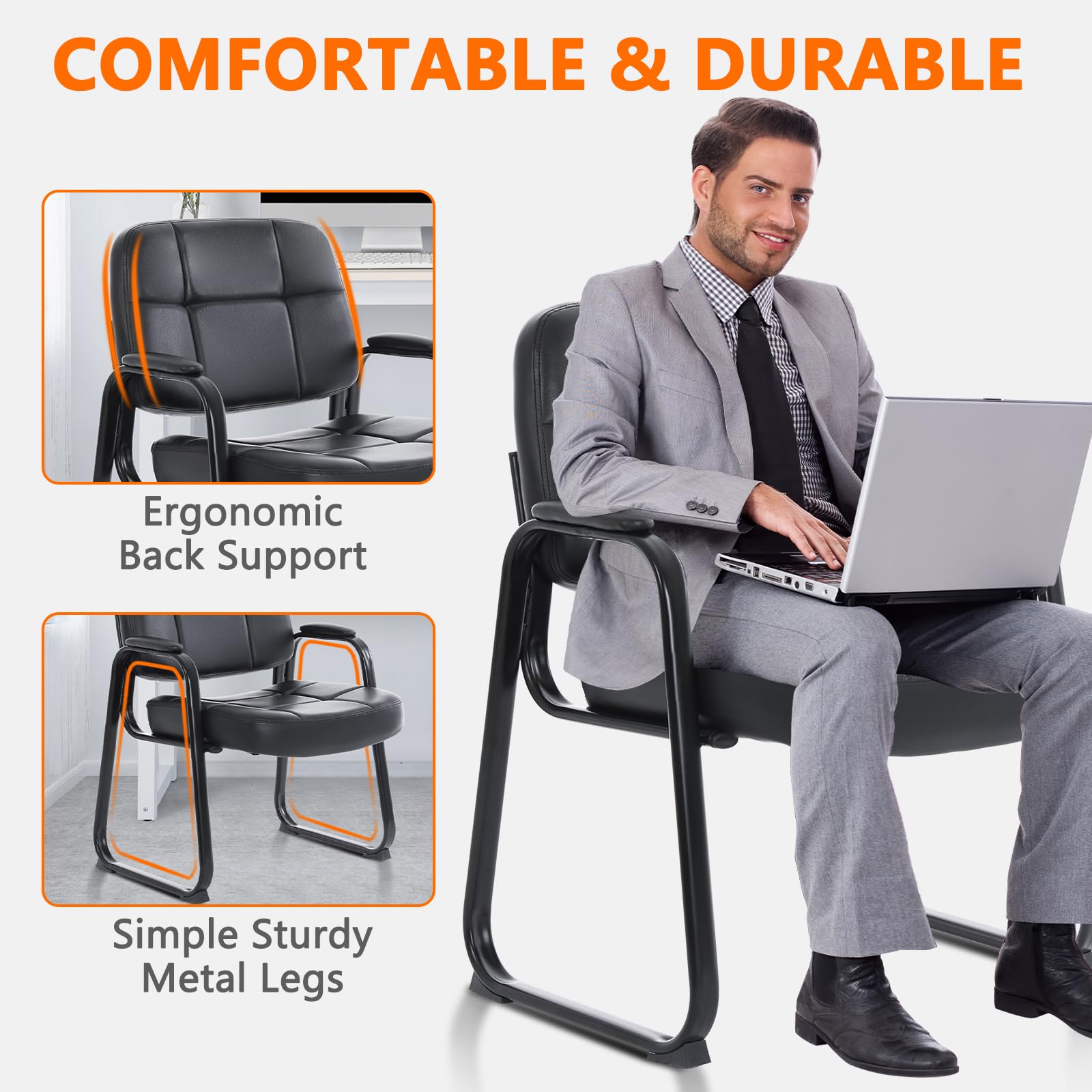 CLATINA Big & Tall Office Chair - Bonded Leather Padded Armrests & Sled Base - Waiting Room Guest Chair for Reception Lobby, Conference Desk & Home Office - Ergonomic Comfort for Professionals - Black