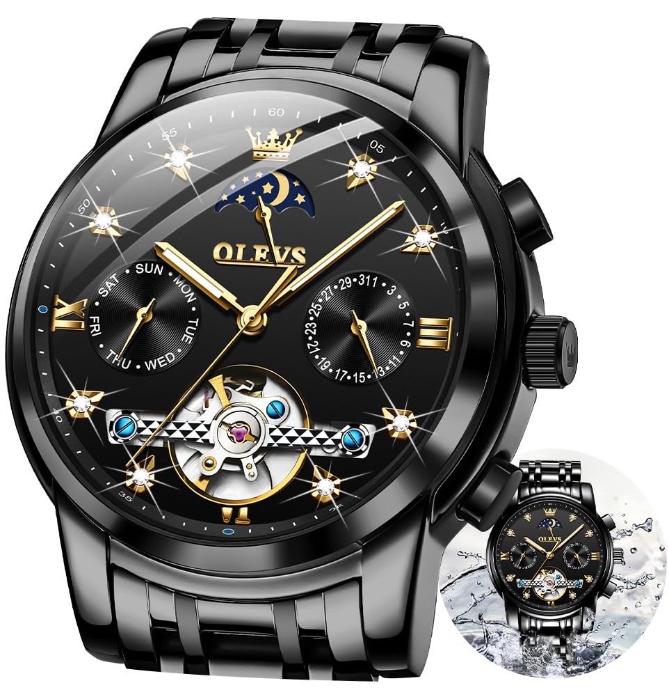 OLEVS Men's Automatic Self-Winding Skeleton Watch - Luxury Stainless Steel Waterproof Wristwatch with Luminous Hands - Perfect for Business, Formal Events & Everyday Wear