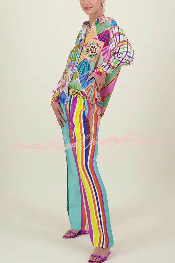 You Make Me Wonder Satin Colorful Unique Print Button Down Oversized Blouse - Stylish Women's Fashion Top for Casual Wear, Office & Date Nights