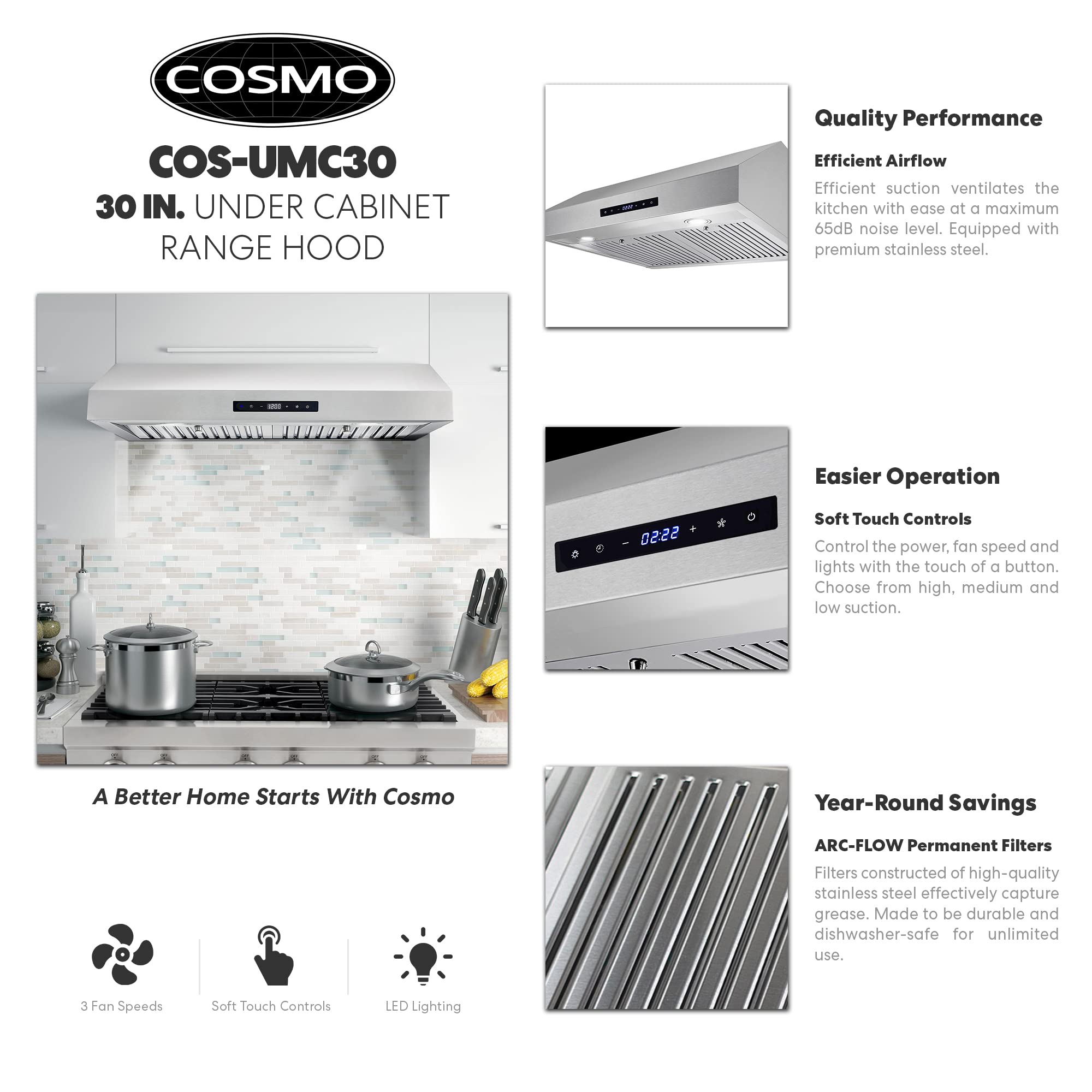 COSMO UMC30 30-Inch Stainless Steel Under Cabinet Range Hood - 380 CFM Ducted Ventilation, LED Lights & Touch Controls - Perfect for Kitchen Remodeling & Modern Home Cooking