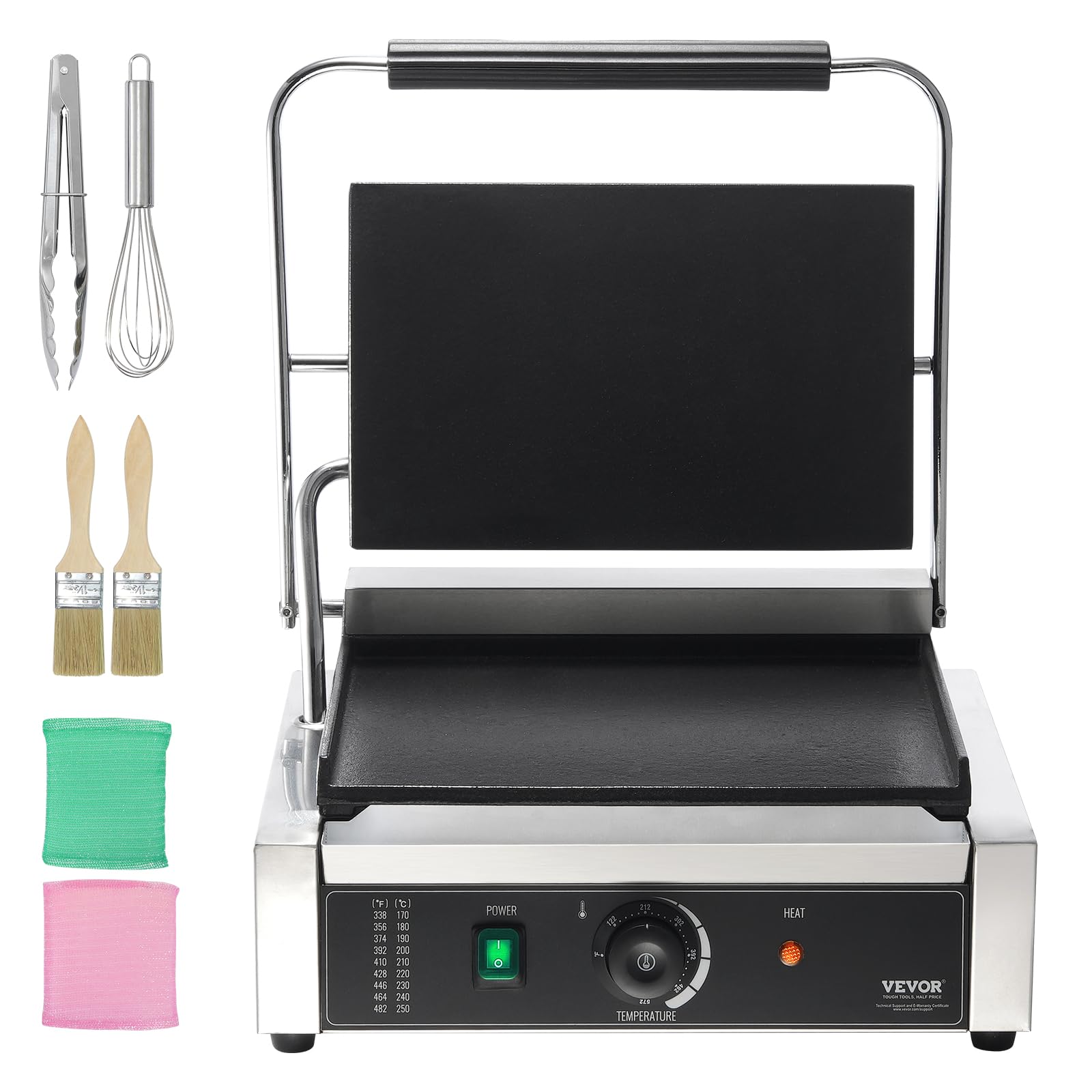 VEVOR 1800W Commercial Electric Panini Grill Press, Stainless Steel Sandwich Maker with Temperature Control & 14