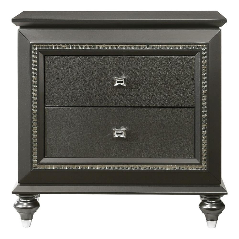 Acme Kaitlyn Wooden 2-Drawer Nightstand in Metallic Gray - Modern Bedside Table for Bedroom with Storage Space, Perfect for Small Spaces & Apartment Living