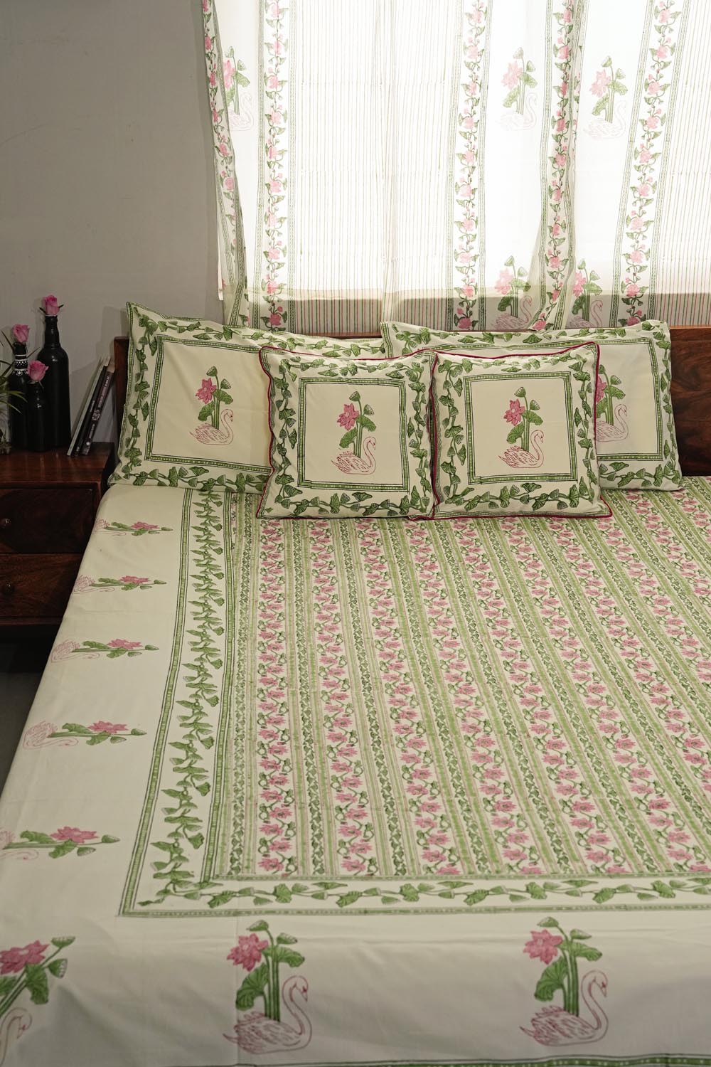 Serene Swan Song Hand Block Printed Cotton Percale Bedsheet Set | 100% Premium Cotton Bedding | Soft & Breathable for All Seasons | Perfect for Master Bedroom, Guest Room & Vacation Homes
