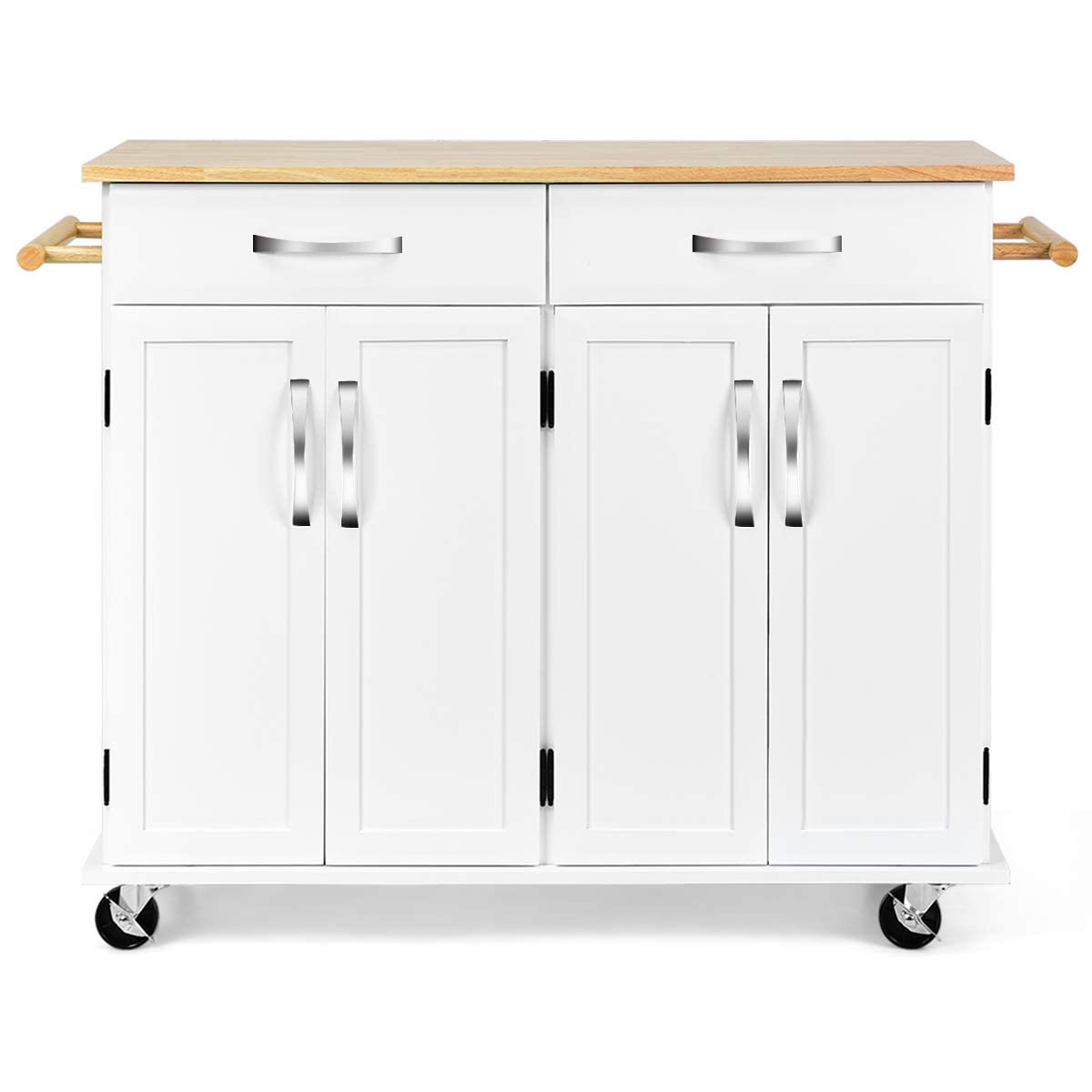 Casart White Kitchen Island Cart with Wood Top, 2 Drawers & Cabinets, Lockable Wheels - Mobile Kitchen Storage for Small Spaces, Dining Room, or Pantry Organization
