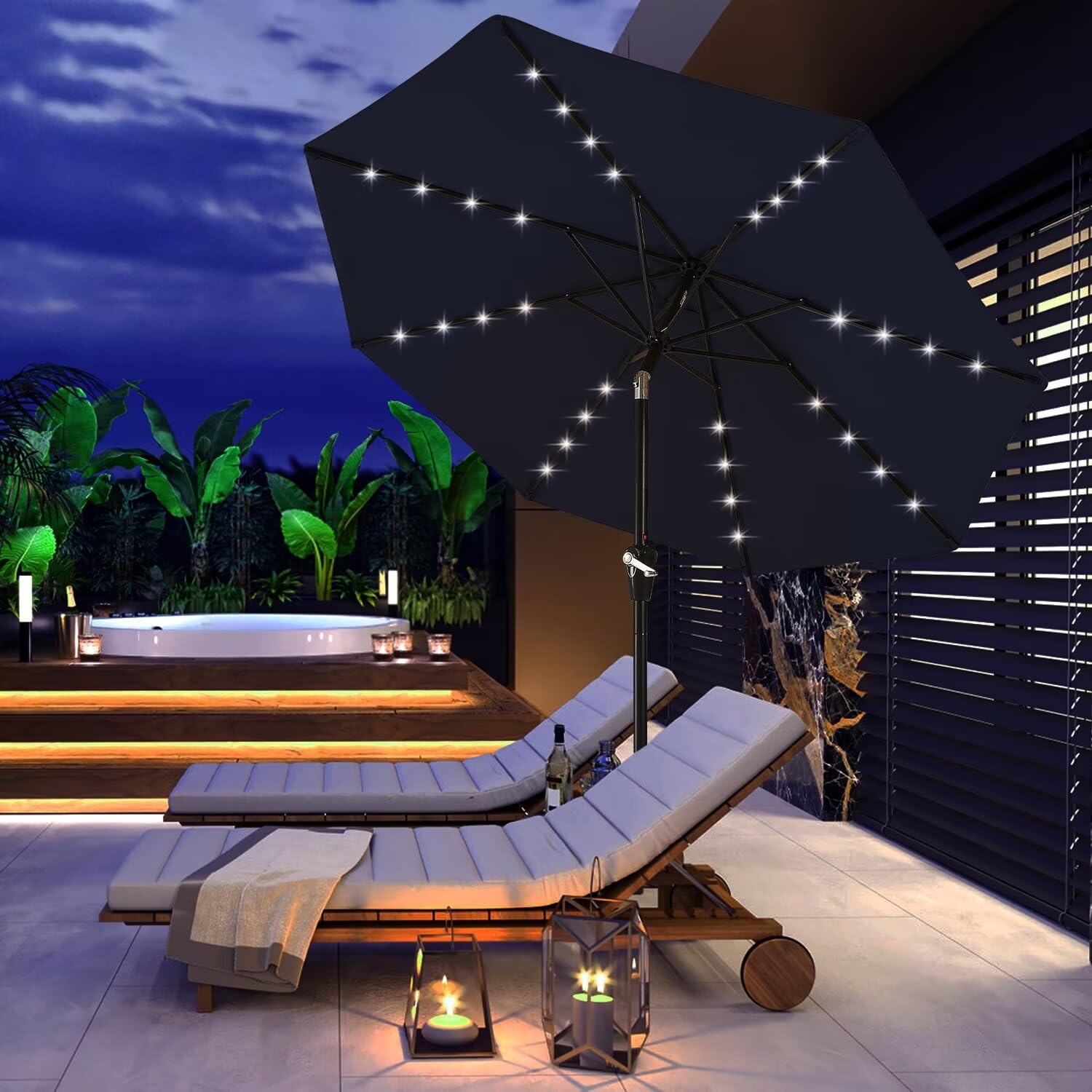 ABCCANOPY 11FT Solar LED Patio Umbrella with 32 LED Lights - Durable Outdoor Shade Canopy for Garden, Poolside & Backyard (Navy Blue) | Weather-Resistant & Auto On/Off at Night