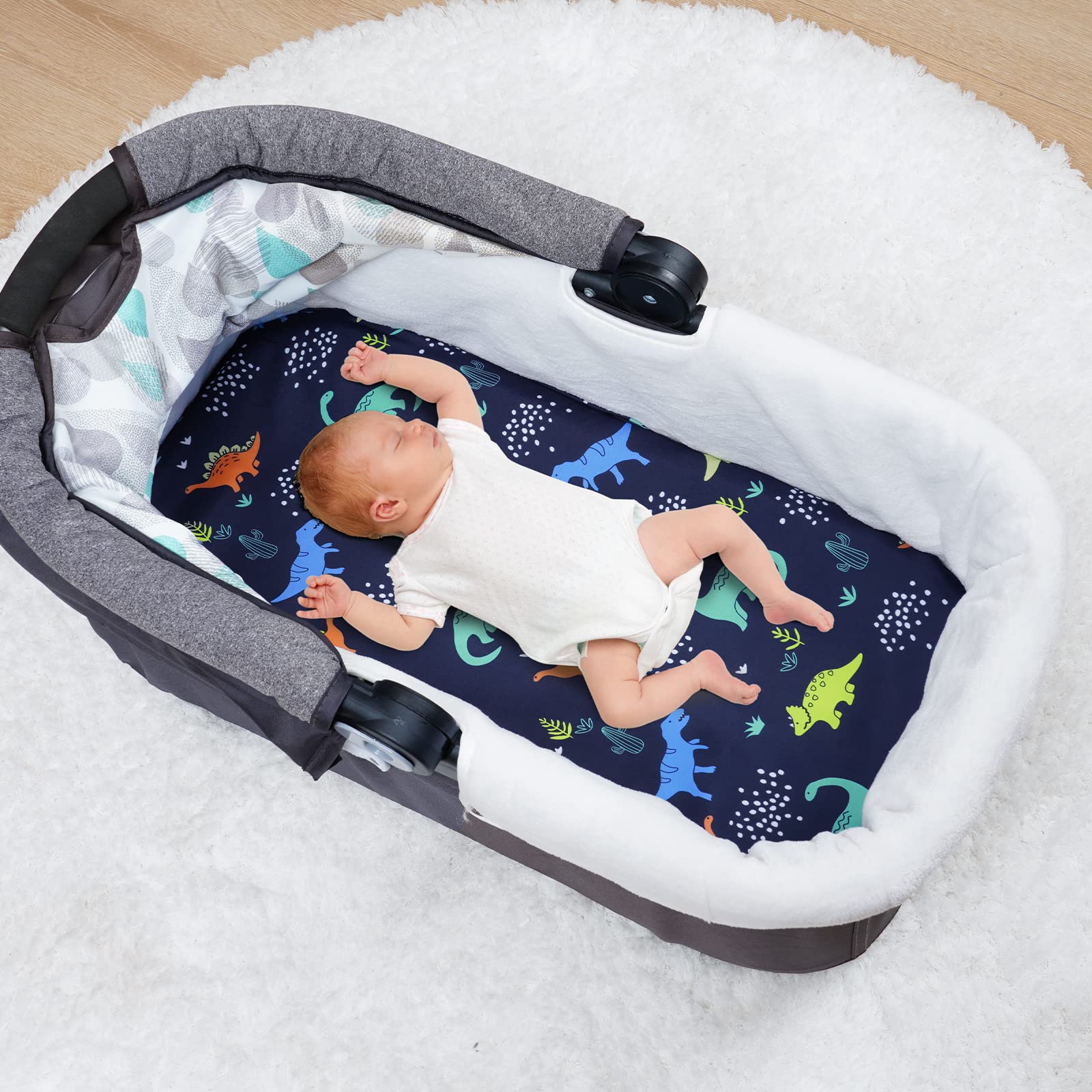 3 Pack Soft Bassinet Sheets for Baby Boys - Dinosaur Print Breathable Crib Sheets, No Slip Universal Fit for Most Cradles & Bassinets, Navy Blue - Perfect for Nursery, Daycare & Travel