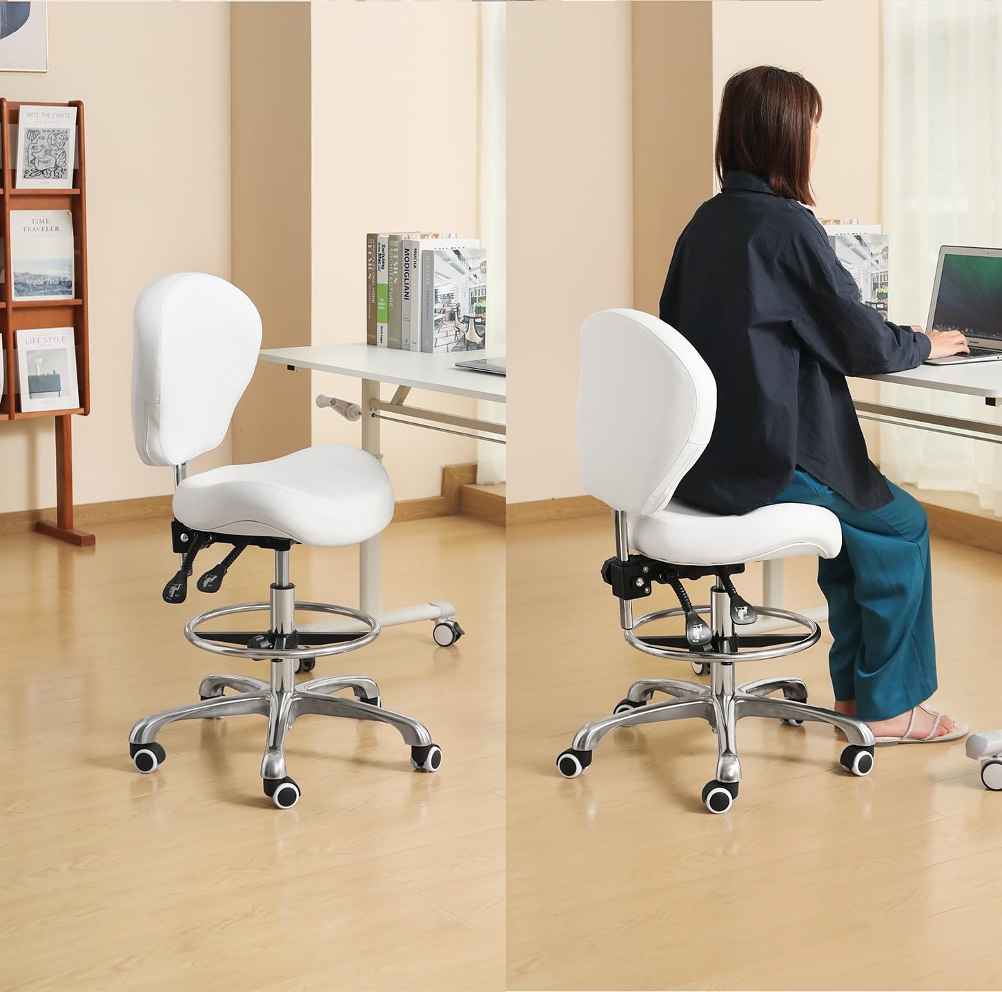 Adjustable Height Drafting Stool with Backrest & Footrest - Swivel Rolling Office Chair for Work, Studio, Dental, Salon & Kitchen - Ergonomic Home Desk Chair (White) - Perfect for Artists, Designers & Professionals