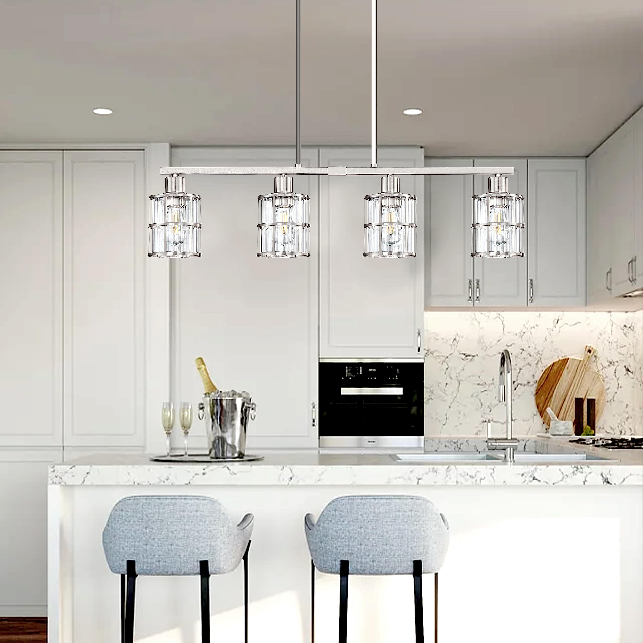 Modern 4-Light Brushed Nickel Pendant Chandelier - Clear Glass Shade for Kitchen Island, Dining Room, Bar & Café Ceiling Lighting Fixture | Perfect for Home Decor & Commercial Spaces