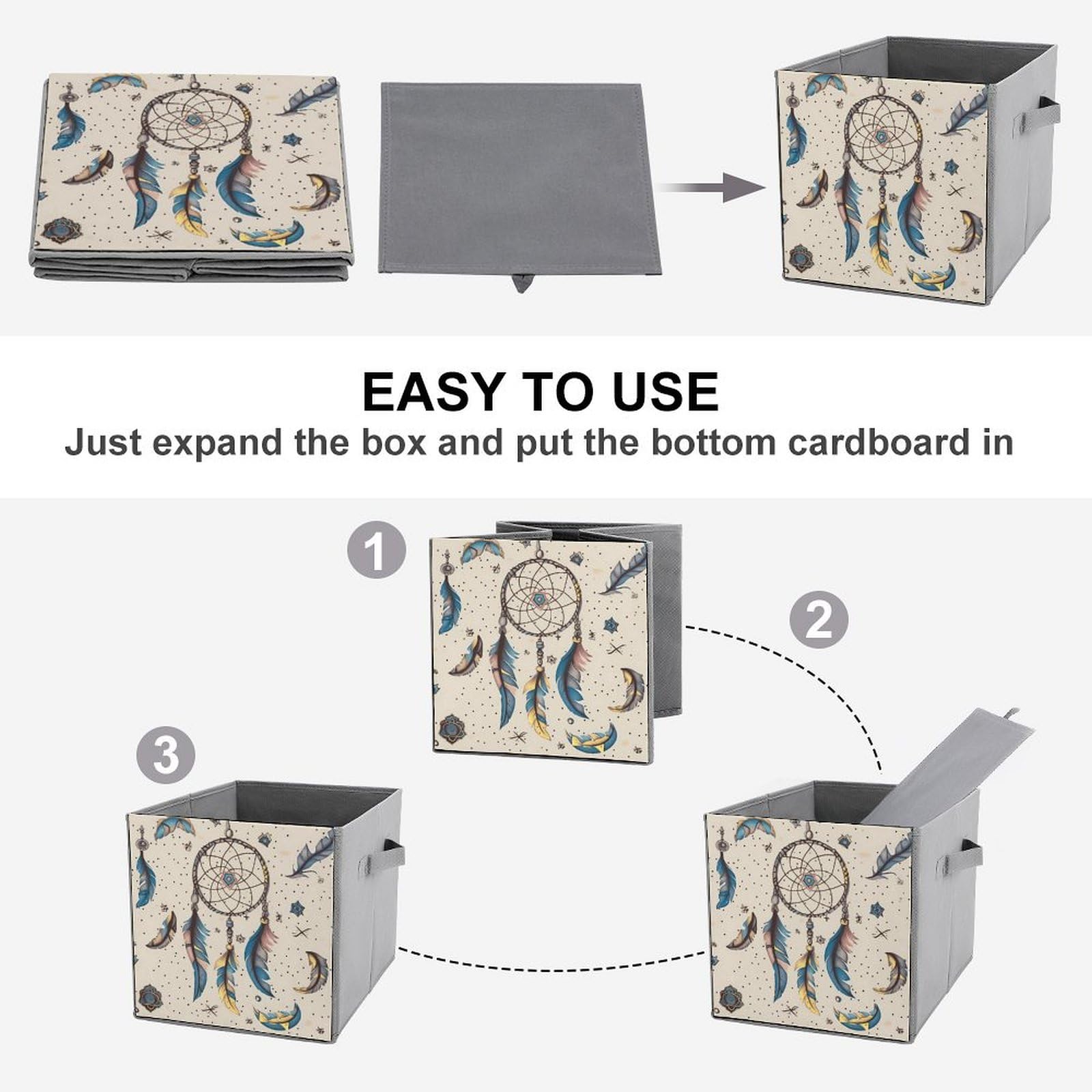 Foldable Storage Box with Dream Catcher & Moon Print - Large Capacity Organizer for Bedroom, Closet & Home Organization | Collapsible Fabric Bin for Toys, Blankets & Seasonal Storage