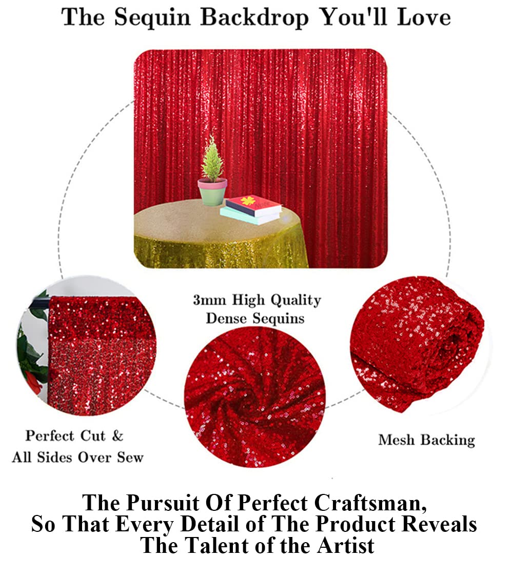 Partisout 8ftx8ft Red Sequin Curtain Backdrop - Sparkling Party, Wedding, Photo Booth & Event Decor - Glittering Sequin & Shimmer Background for Celebrations