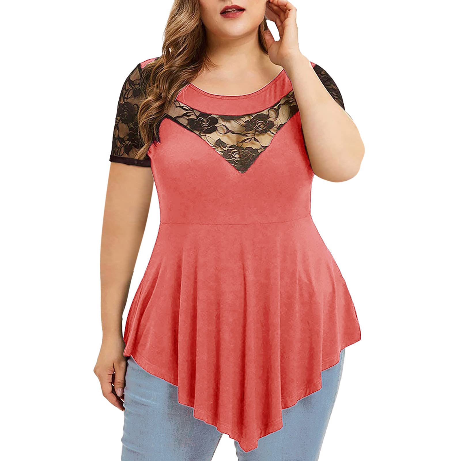 Plus Size Women's Floral Lace Short Sleeve Tunic Top - Asymmetric Crew Neck Blouse, Casual Loose Fit Basic Tee for Summer Outfits & Office Wear