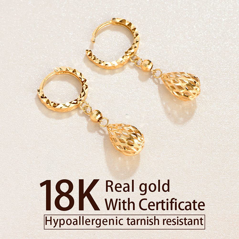 18K Solid Gold Hoop Earrings for Women - Dainty Hollow Teardrop Dangle Earrings, Real Gold Jewelry with Certificate | Perfect Gift for Wedding, Prom, Party & Everyday Elegance