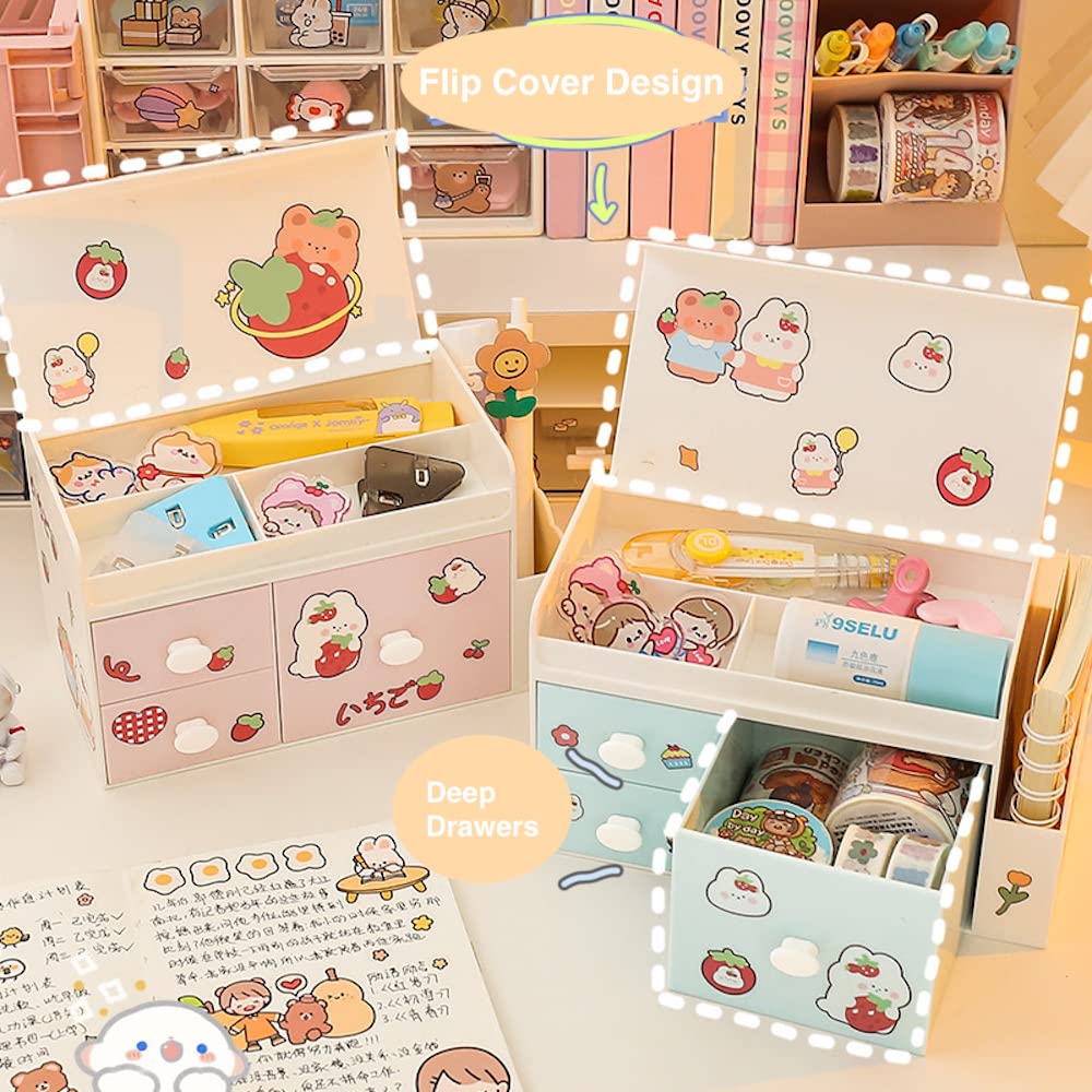 Kawaii Pink Desk Organizer with Drawers for Girls - Multi-Functional Study Storage Box for Stationery, Pens & Accessories - Perfect for Kids Bedroom, Dorm Room & Office Workspace Organization