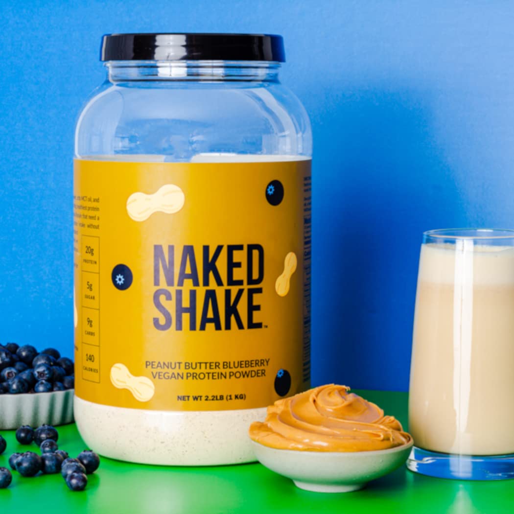 Naked Shake Peanut Butter Blueberry Vegan Protein Powder - Plant-Based Protein with MCT Oil, Gluten-Free, Soy-Free, Non-GMO, No Artificial Sweeteners (30 Servings) - Ideal for Post-Workout Recovery, Healthy Breakfast Smoothies & On-The-Go Nutrition
