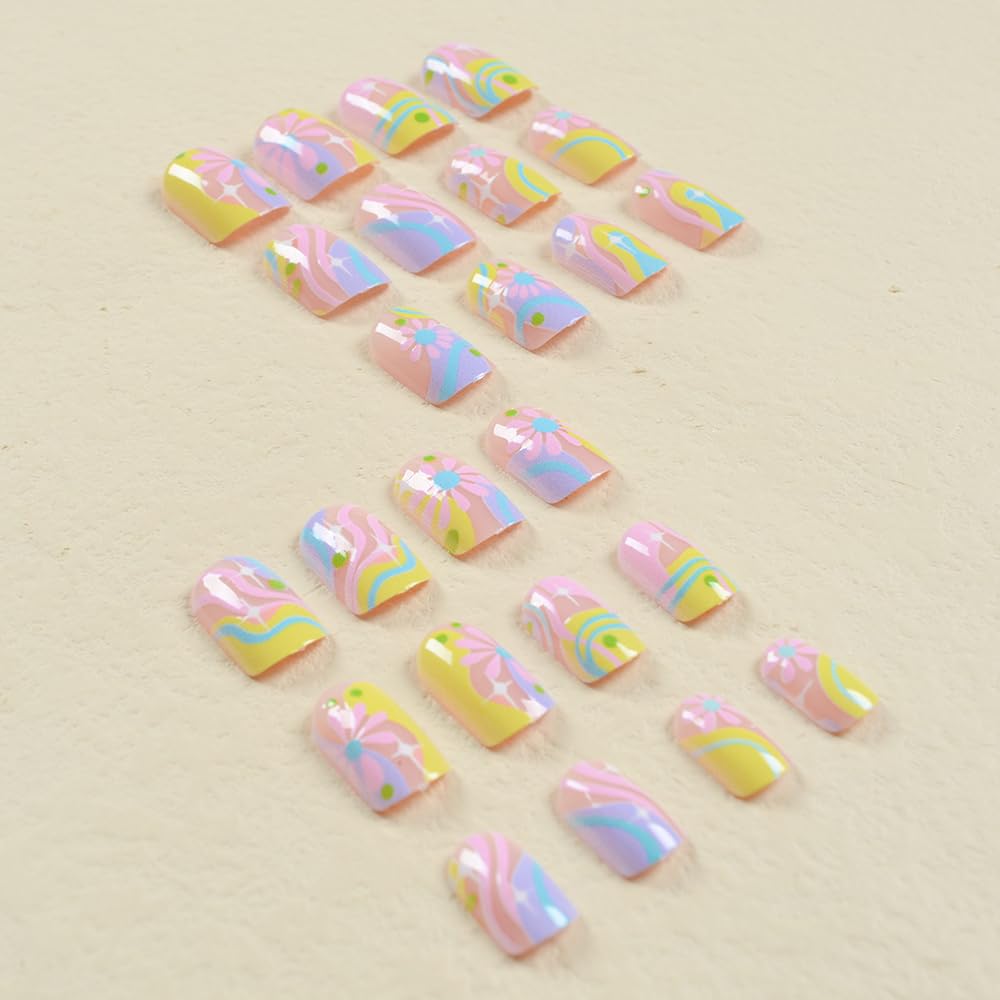 24-Piece Short Square Press-On Nails Set - Glossy Acrylic Full Cover Fake Nails with Rainbow Glitter | DIY Manicure for Women | Perfect for Parties, Weddings & Everyday Wear