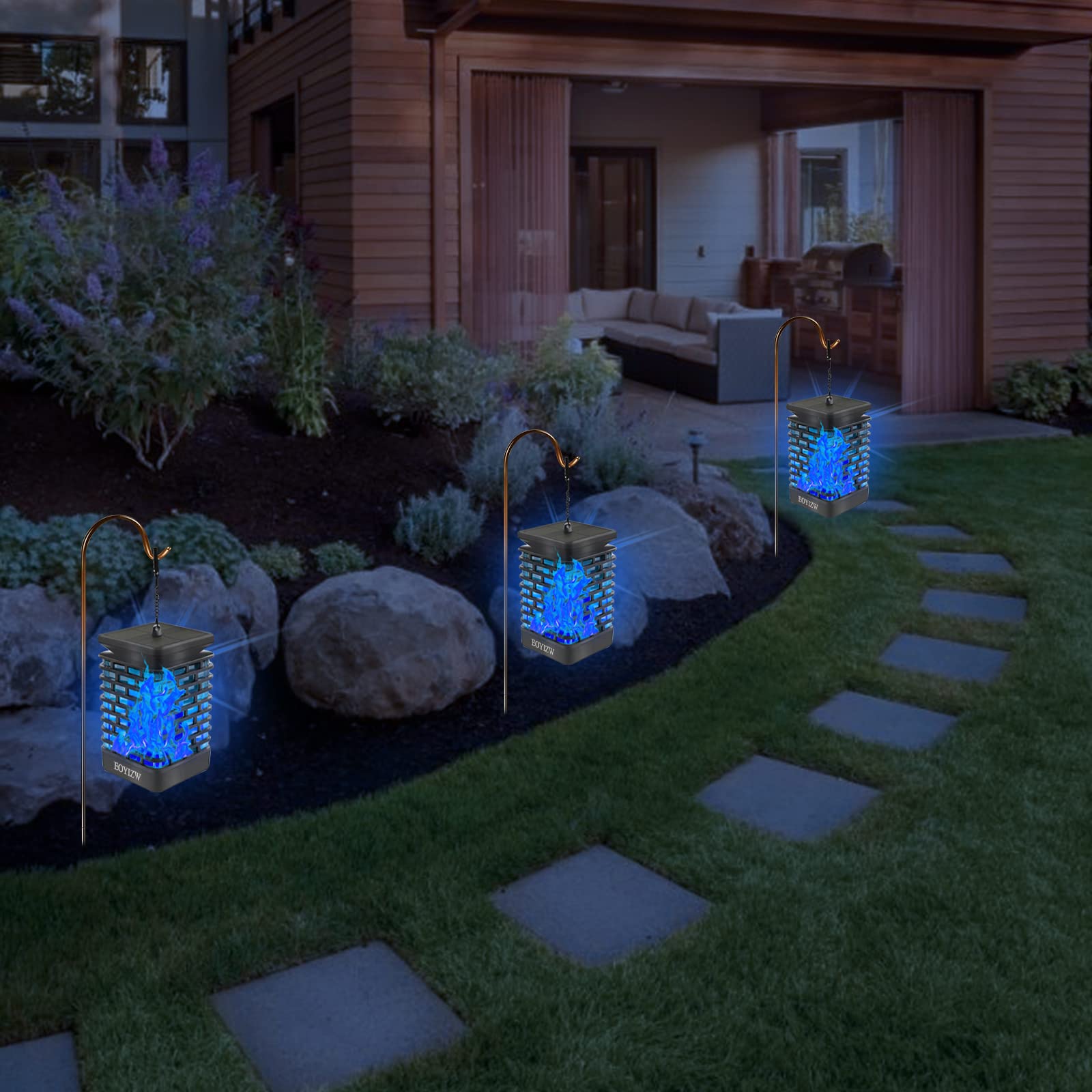 EOYIZW 99 LED Solar Lanterns with Flickering Flame Effect - 2 Pack Waterproof Outdoor Solar Lights for Garden, Patio, Yard, Porch, Lawn Decor - Blue Solar Lanterns for Romantic Ambiance & Holiday Lighting