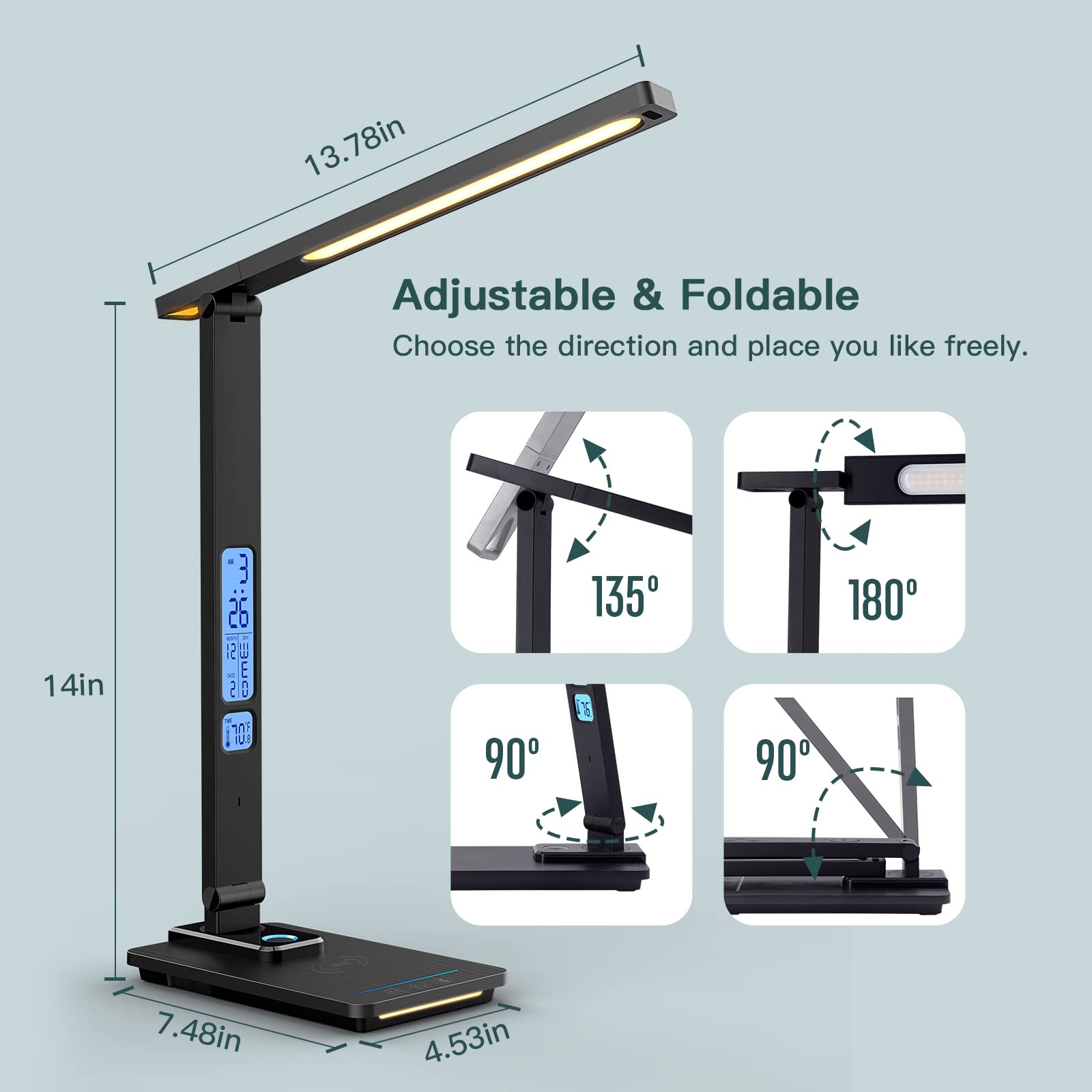 Wireless Charging LED Desk Lamp with USB Port, Adjustable Brightness & Auto Timer, Night Light & Clock - Perfect for Study, Reading, Home Office (Black)