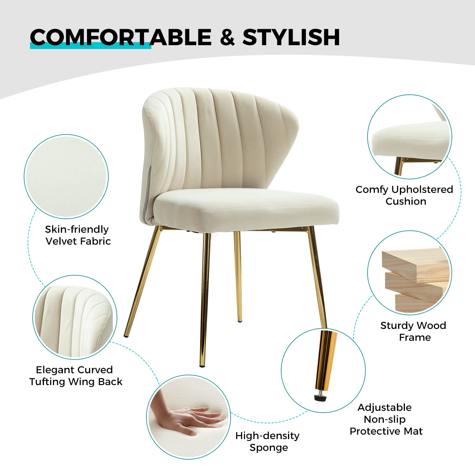 Modern Velvet Dining Room Chairs with Golden Metal Legs - Tufted Back Upholstered Accent Chair for Kitchen, Vanity, Patio & Beauty Room (TAN, 1-Pack) - Perfect for Small Spaces, Home Decor & Stylish Seating