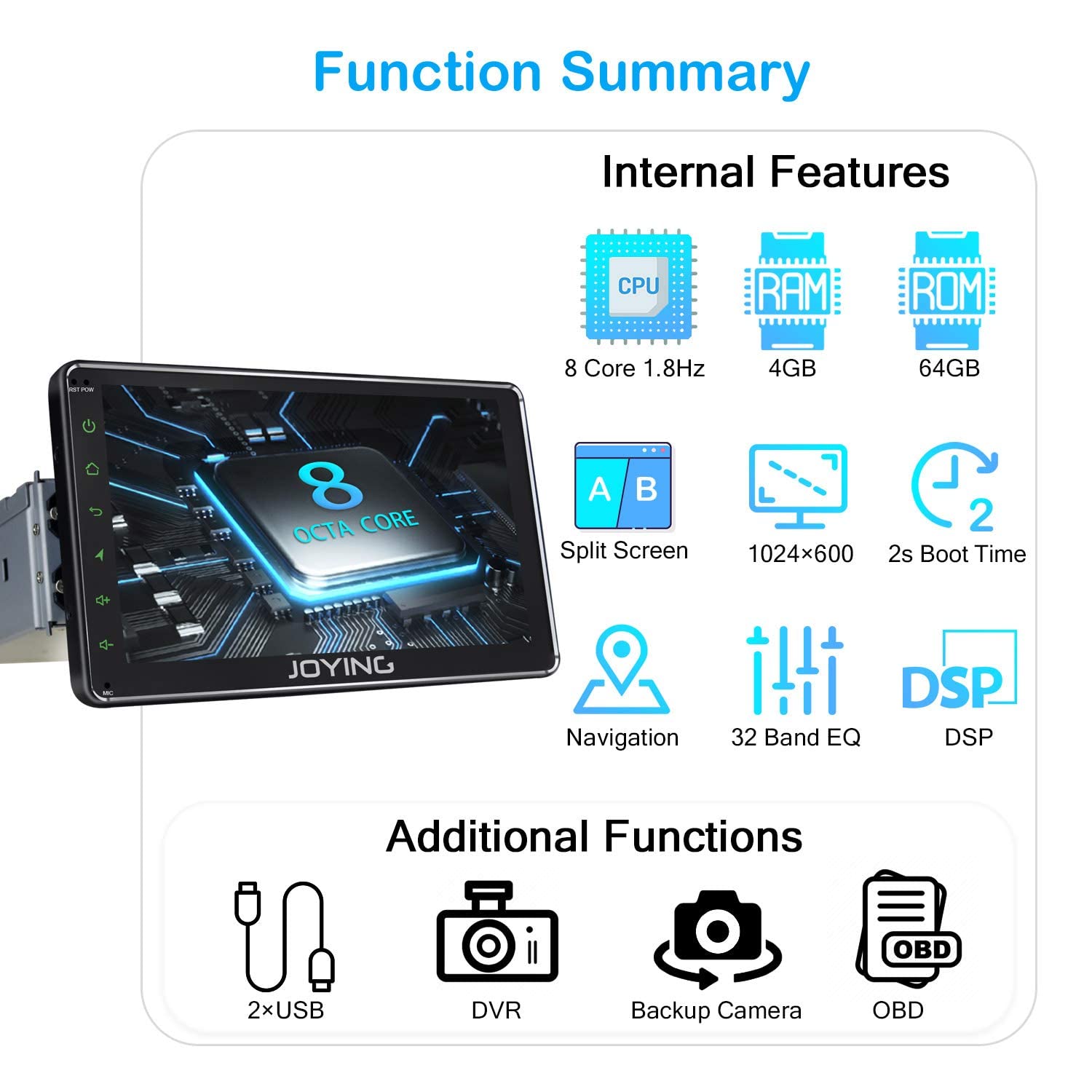 JOYING Android 10 Single Din Car Stereo - 7 Inch Touch Screen Bluetooth 5.1 Radio with GPS Navigation, MP5 Player, FM/AUX/USB/SD Input, Hands-Free Calling | Perfect for Road Trips, Commuting & In-Car Entertainment