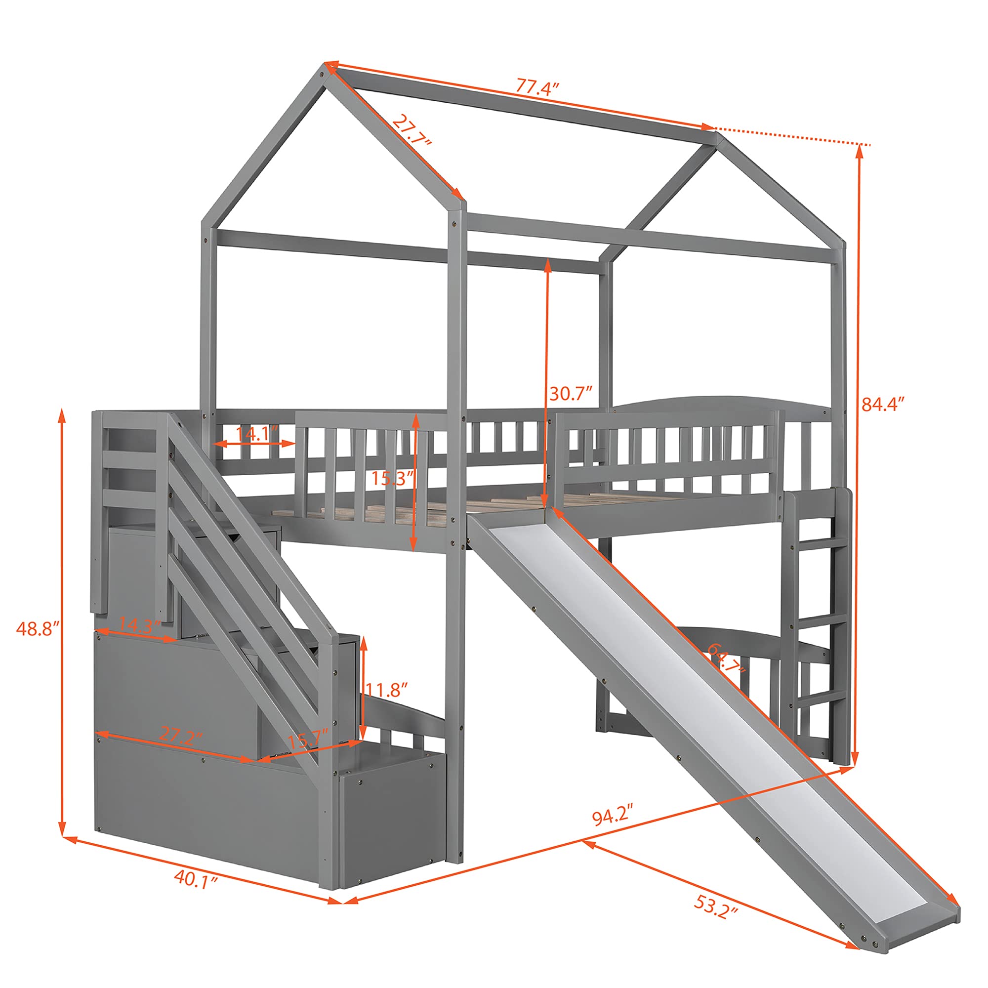 P PURLOVE Twin Loft Bed with 2 Drawers & Slide - Sturdy Wood House Bunk Bed Frame, No Box Spring Required (Gray) - Perfect for Kids' Bedroom, Playroom & Space-Saving Small Rooms