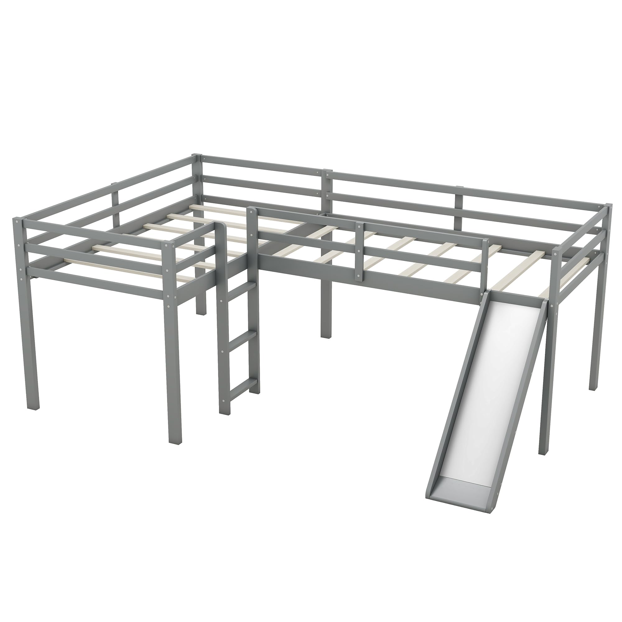 Modern Twin Loft Bed with Slide & Safety Rails - Space-Saving Wooden Loft Bed Frame with Dual Ladders - Perfect for Kids' Bedrooms, Dorms & Small Spaces (Gray)