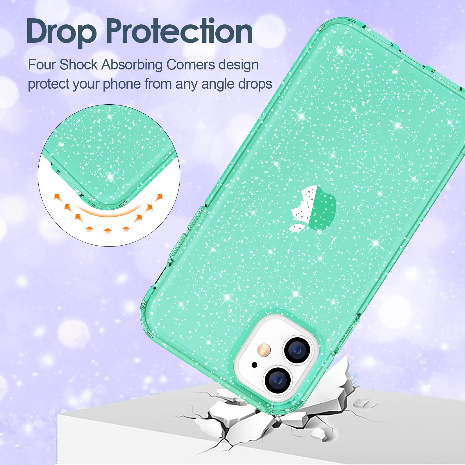 Hython Glitter Case for iPhone 11 - Sparkly Clear Bling Shockproof Protective Phone Cover | Cute Anti-Scratch Slim TPU Case for Women & Girls (Green Glitter) | Perfect for Everyday Use, Parties & Gifts