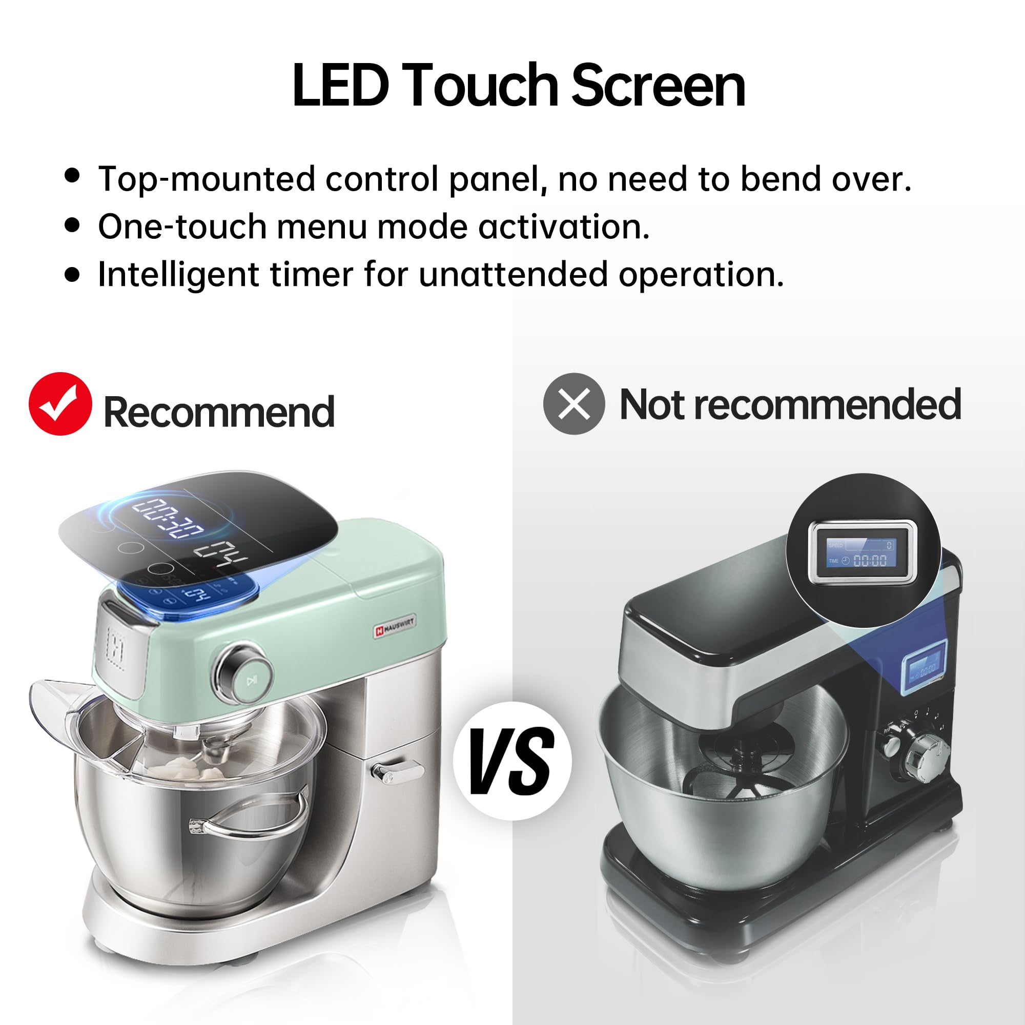 Hauswirt M5 Premium Smart Stand Mixer with LED Touchscreen - 5.3Qt Capacity, 11 Speed Settings, Includes Egg Whisk, Dough Hook & Beater - Perfect for Baking Bread, Cakes & Cookies (Lake Green)