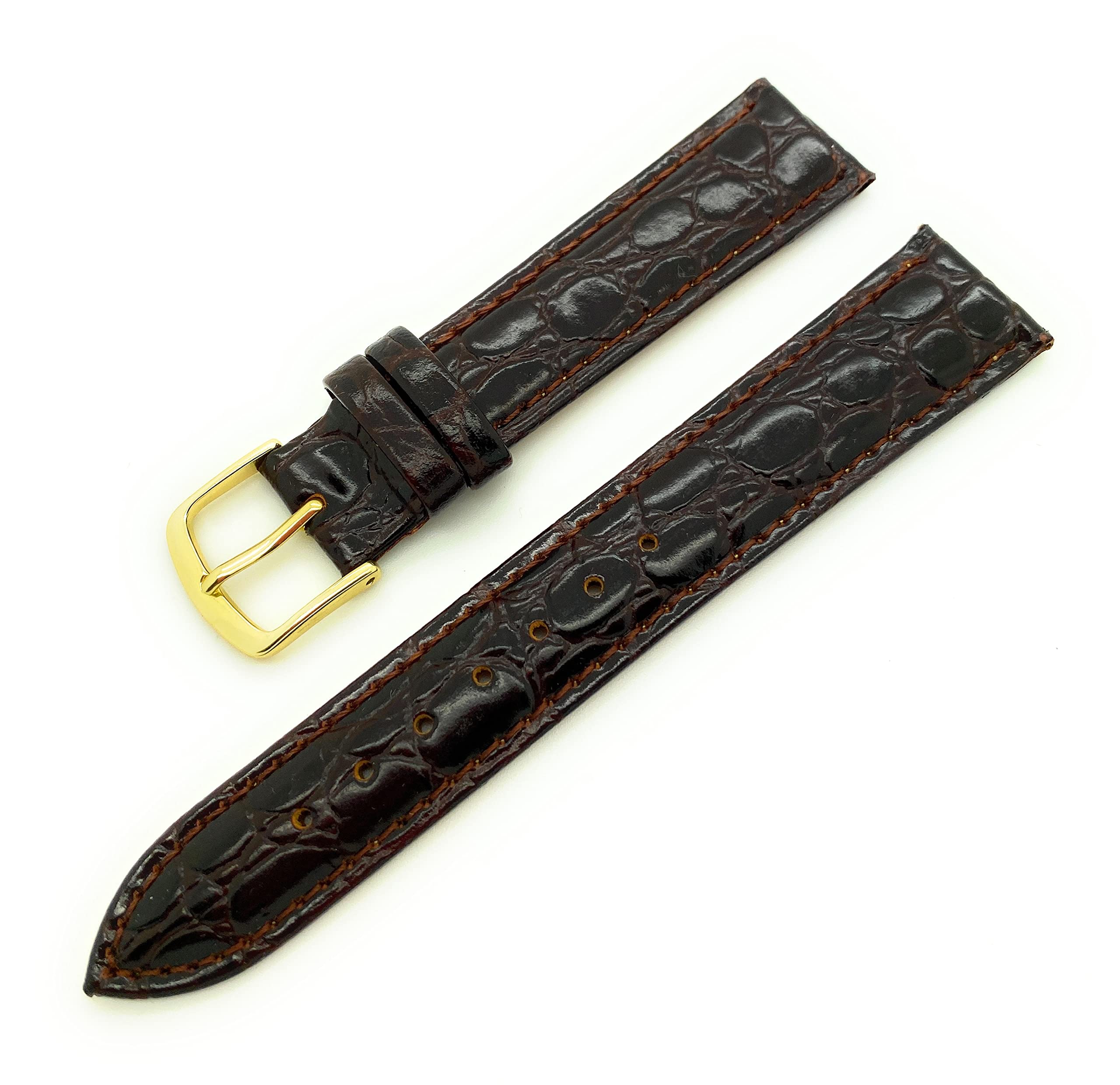 Hadley Roma MS717 20mm Short Brown Genuine Leather Watch Band with Crocodile Grain & Stitching - Perfect Replacement Strap for Dress Watches, Business Attire & Formal Occasions