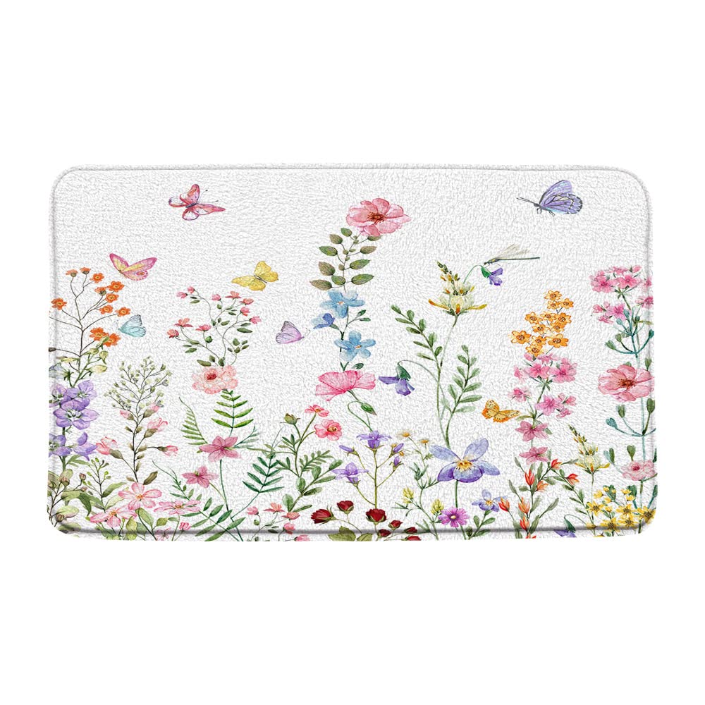 Floral Bath Mat - Watercolor Flower Butterfly & Green Leaf Design - Non-Slip Spring Garden Scene Bathroom Rug - Soft Absorbent Doormat for Bedroom, Kitchen, Bath Decor (Perfect for Farmhouse, Boho & Vintage Style Homes)