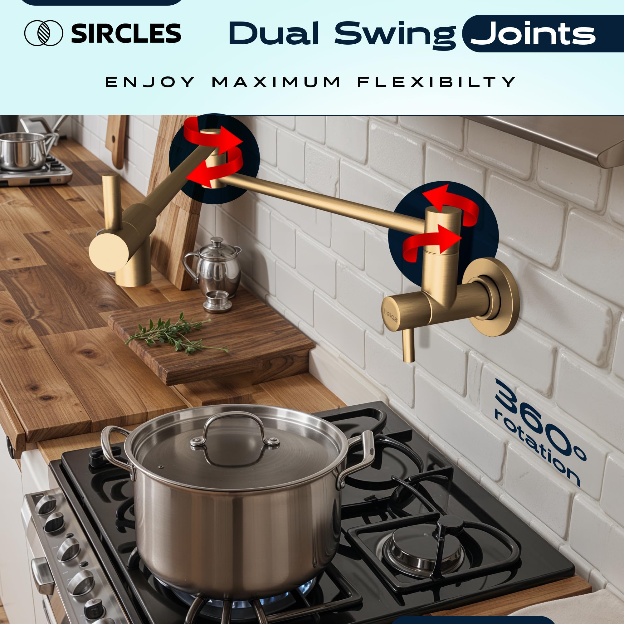 SIRCLES 26-inch Wall Mount Pot Filler Faucet - Brushed Gold Stainless Steel with Dual 360° Swing Joints - Includes Teflon Tape & Extra Cartridge - Perfect for Kitchen Sink, Stove, and Cooking Areas