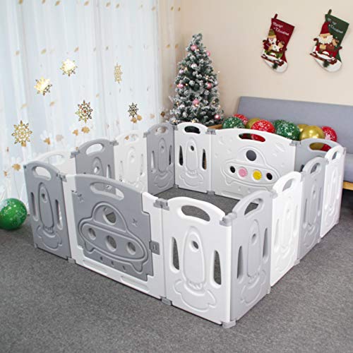 Foldable Baby Playpen - 12+2 Panels Safety Play Yard for Toddlers & Kids, Indoor/Outdoor Activity Center with Grey & White Design - Perfect for Home, Nursery, Travel & Backyard Playtime