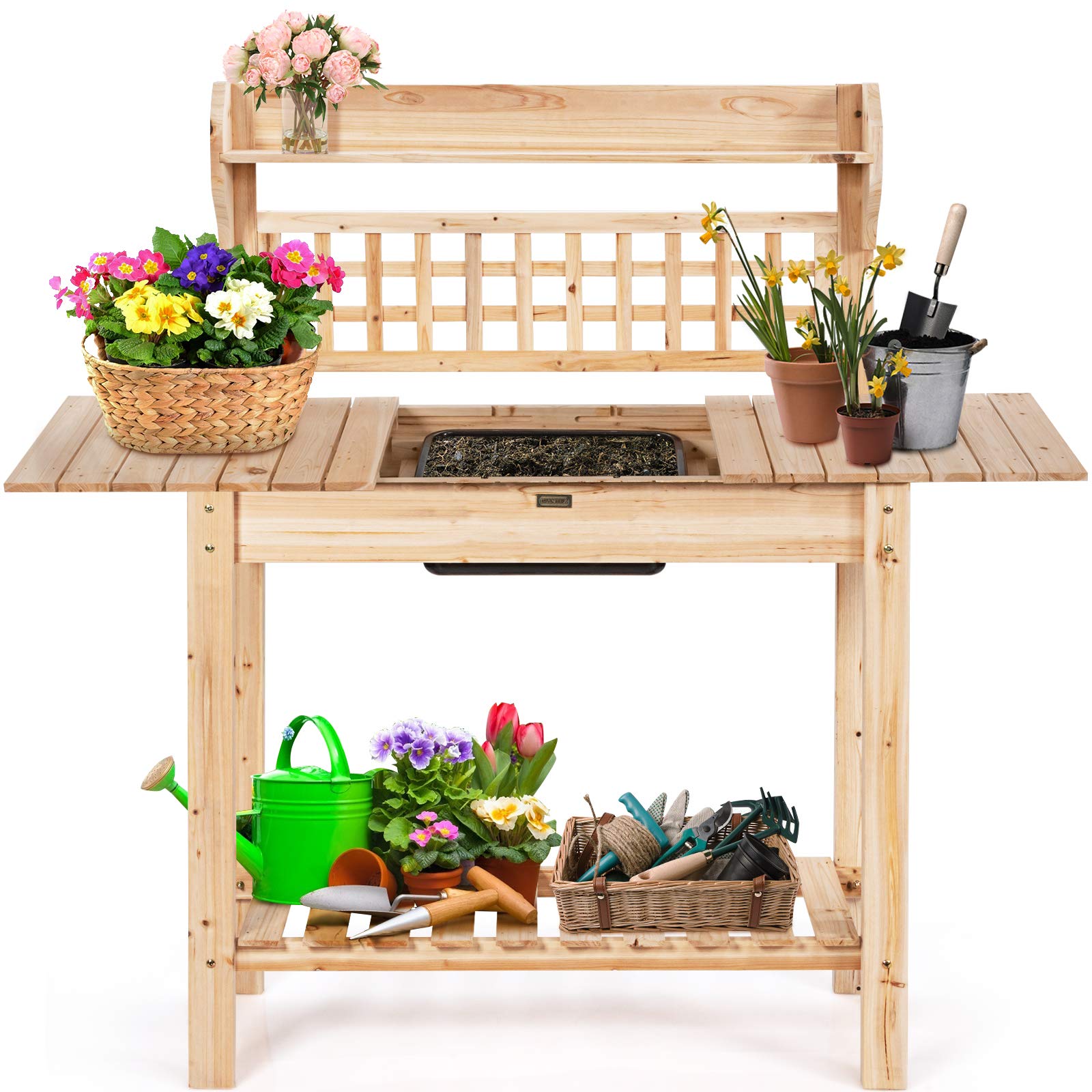 **Heavy Duty Potting Bench with Sliding Tabletop & Removable Sink - Wooden Garden Workstation with Storage Shelves - Perfect for Planting, Gardening, Backyard, Patio & Balcony Use**