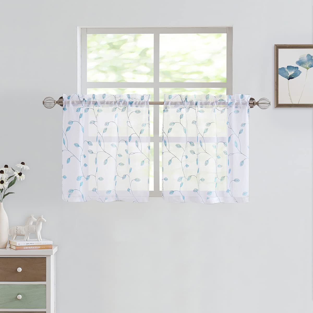 Fragrantex Botanical Sheer Kitchen Curtains 24 Inch - Spa Blue & White Floral Embroidery Leaf Short Panels with Rod Pocket (28