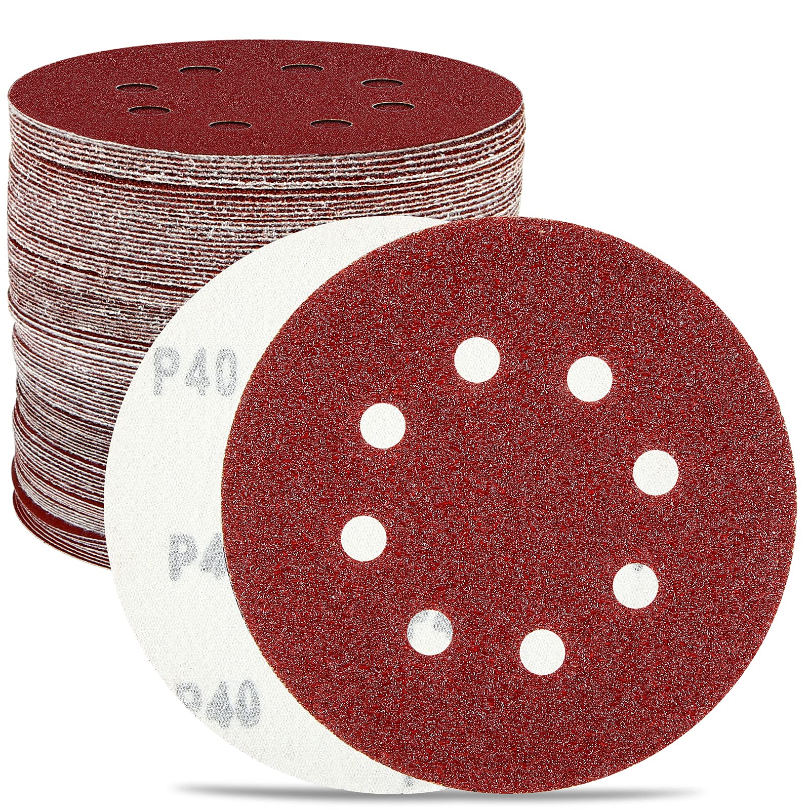 HYCHIKA 5 Inch 100-Piece Hook and Loop Sanding Discs Set for Orbital Sander - 8 Holes with 10 Grits (40/60/80/100/120/150/180/240/320/400) - Perfect for Woodworking, Metal Polishing & DIY Home Projects
