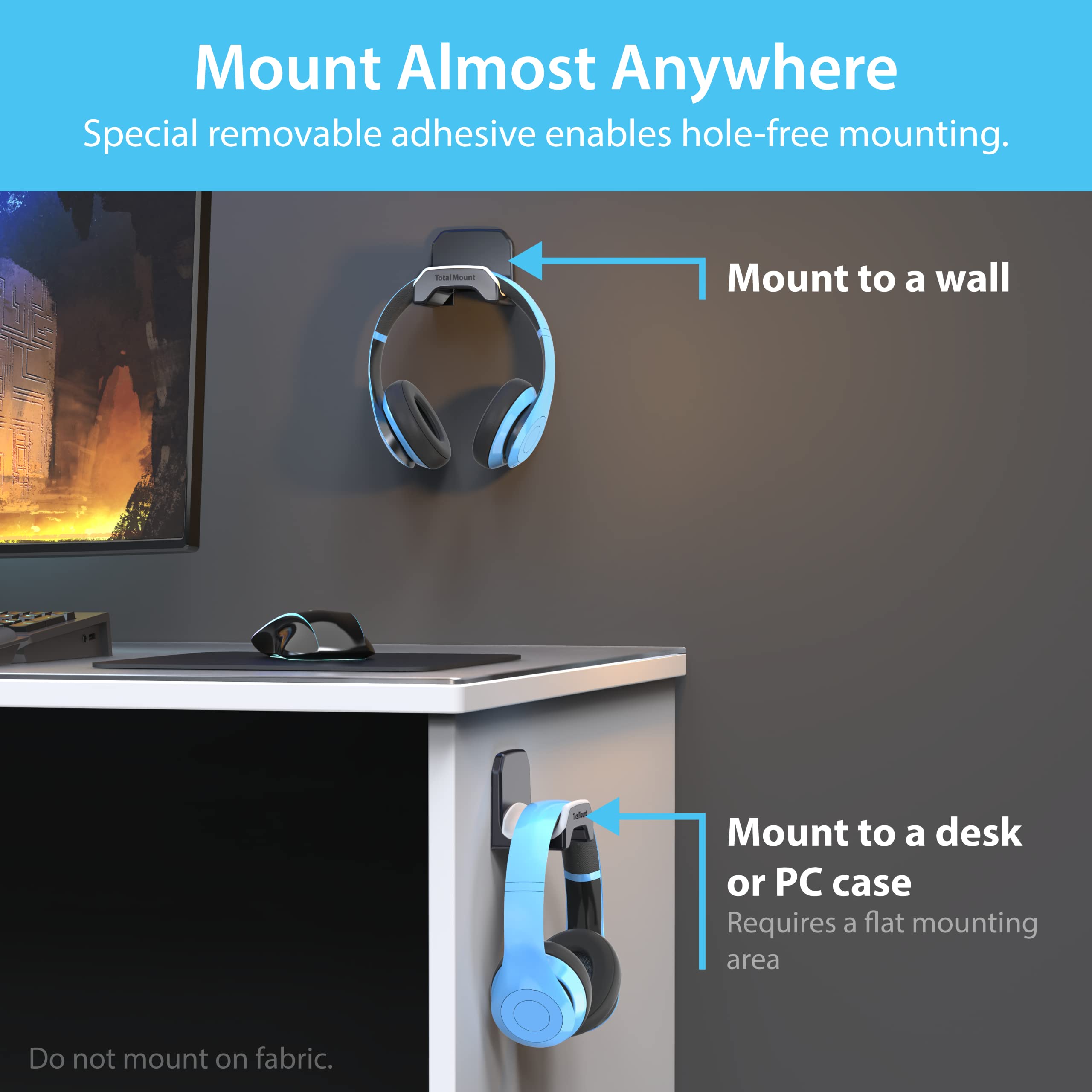 TotalMount Gaming Headset Hanger - Damage-Free Wall/Desk/PC Mount with Removable Adhesive Strips, Black Headphone Hook & Premium Silicone Cradle (1-Pack) - Perfect for Gaming Setups, Home Offices & Workstations