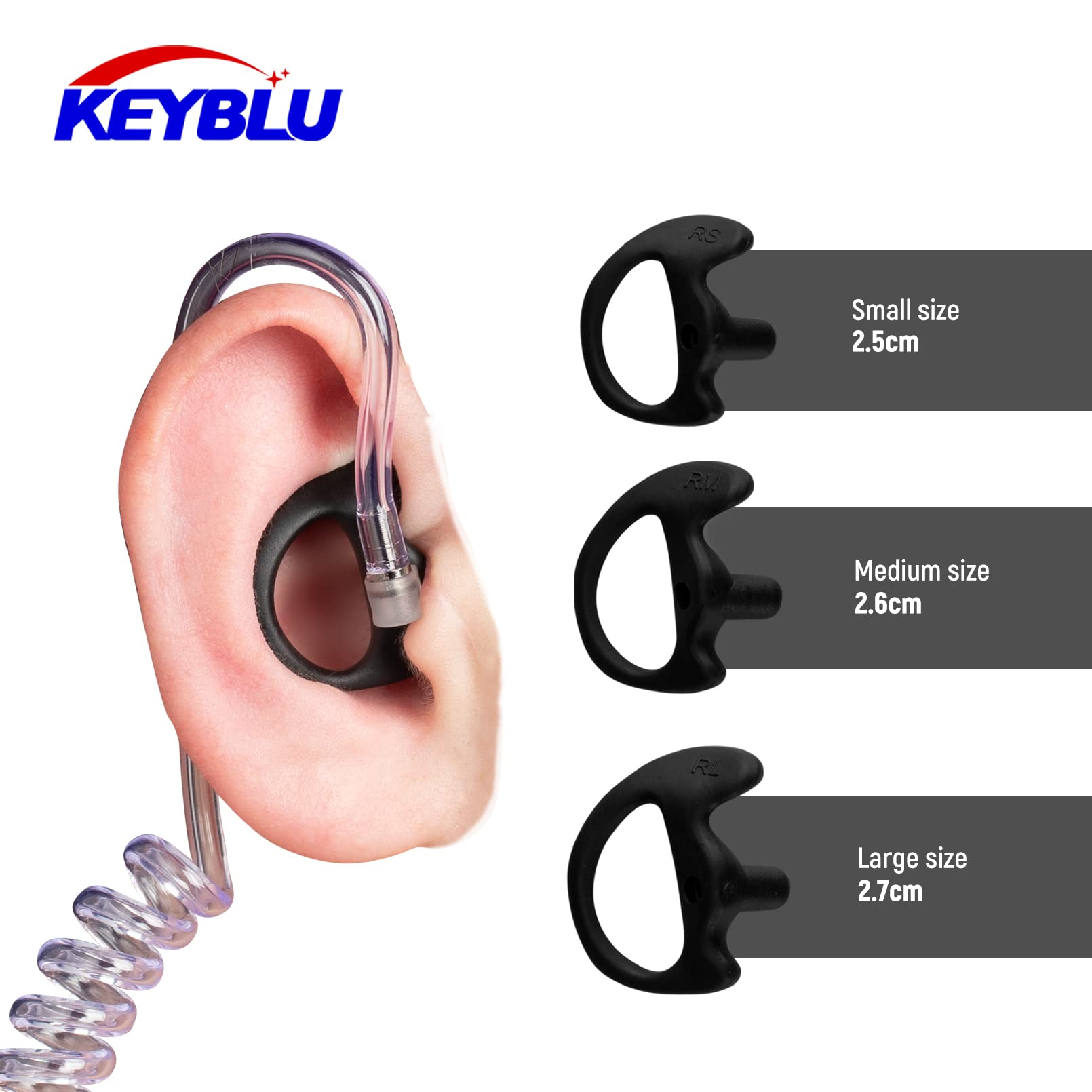 KEYBLU Universal Soft Silicone Earmold Replacement for Two-Way Radios - Compatible with Walkie Talkie Headsets & Coil Tube Audio Kits (Black, Large, 2 Pairs) - Ideal for Security, Construction & Outdoor Communication