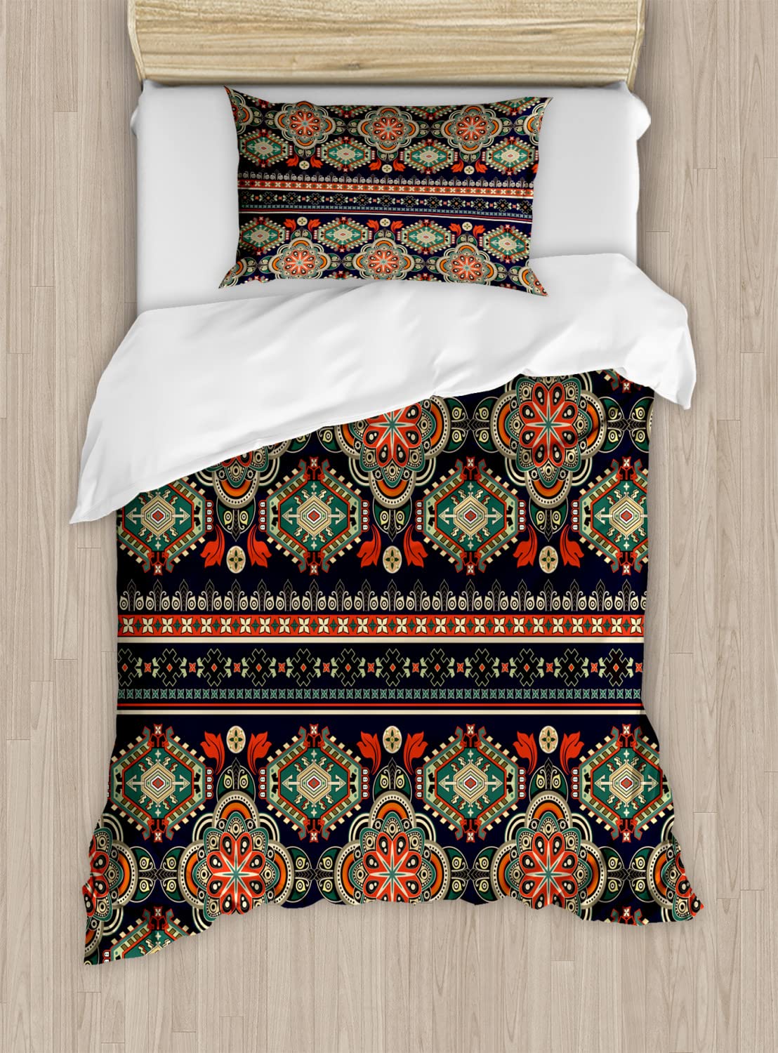 Ambesonne Ethnic Duvet Cover Set - Traditional Folkloric Motif with Floral & Geometric Patterns, 2-Piece Twin Size Bedding Set (2 Duvet Covers + 2 Pillowcases) in Indigo Scarlet - Perfect for Bohemian Bedroom Decor & Cultural Home Styling