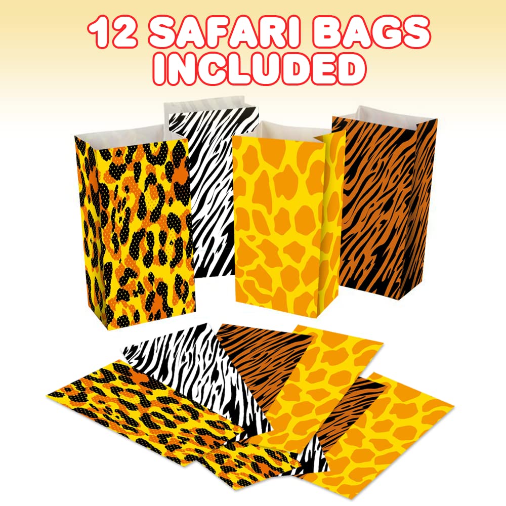 ArtCreativity 12-Pack Safari Animal Print Party Favor Bags - 4 Unique Jungle Designs for Birthday, Baby Shower & Zoo Themed Events - Durable Treat Goody Bags for Kids Party Supplies