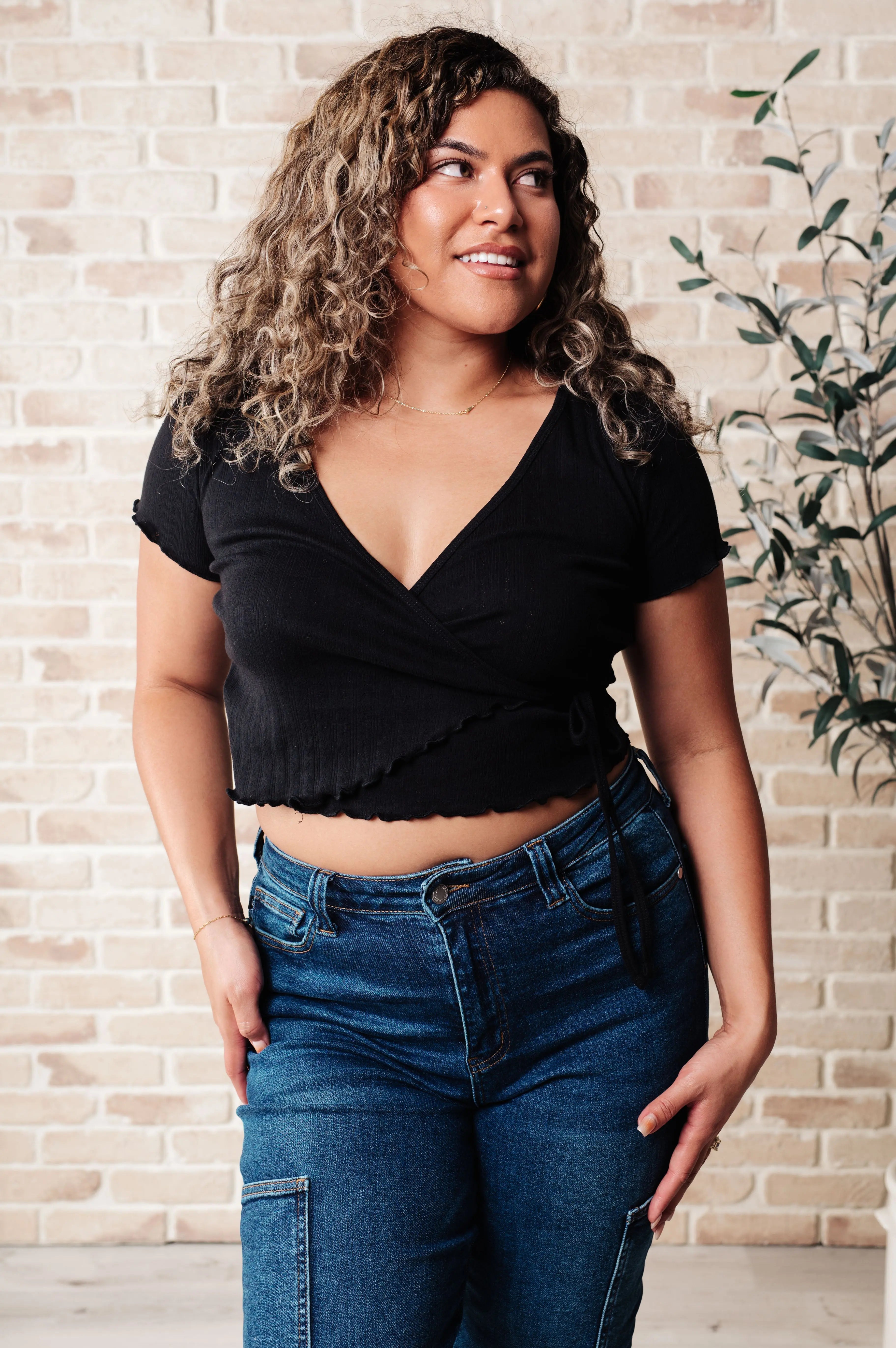 Little Ol' Me Black V Neck Top - Women's Casual Stretch T-Shirt for Everyday Wear, Date Night & Layering