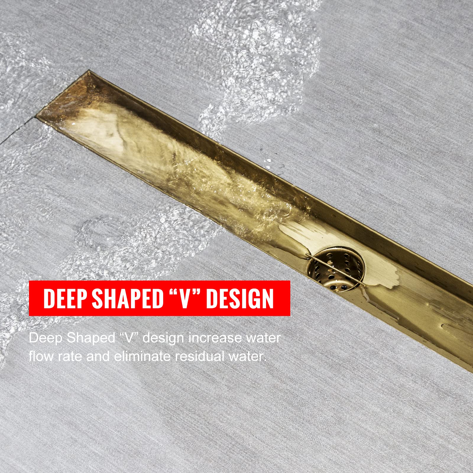 SaniteModar 36-Inch Linear Shower Drain in Gold - AISI 304 Stainless Steel with 2-in-1 Flat/Tile Insert Panel, Hair Strainer & Leveling Feet - Perfect for Modern Bathroom Renovations & Luxury Shower Installations
