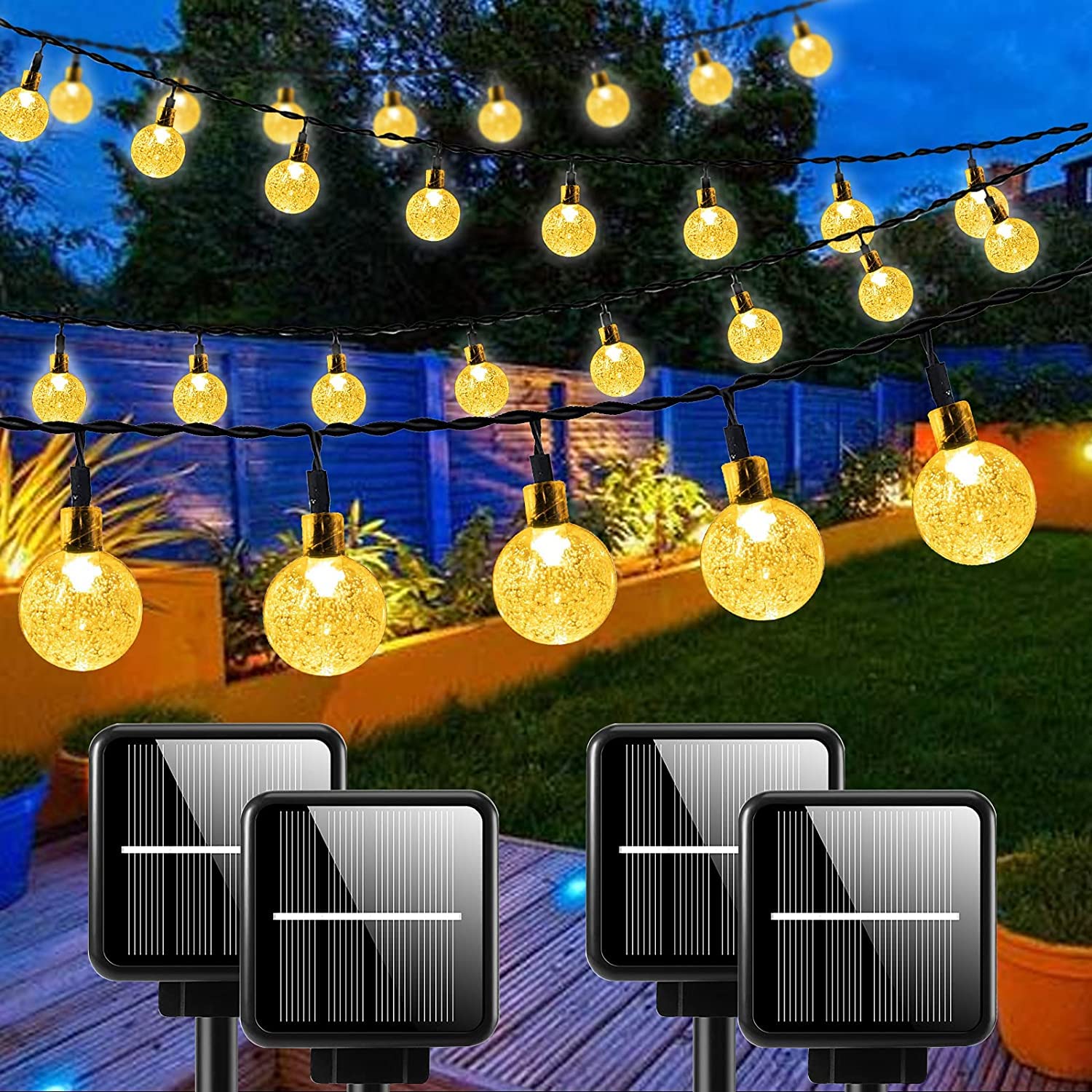 4-Pack 240 LED 132FT Outdoor Solar String Lights - Shatterproof Crystal Globe Waterproof - 8 Modes Solar Powered Fairy Lights for Garden, Patio, Tree, Yard - Warm White Decorative Lighting for Parties, Weddings & Outdoor Events
