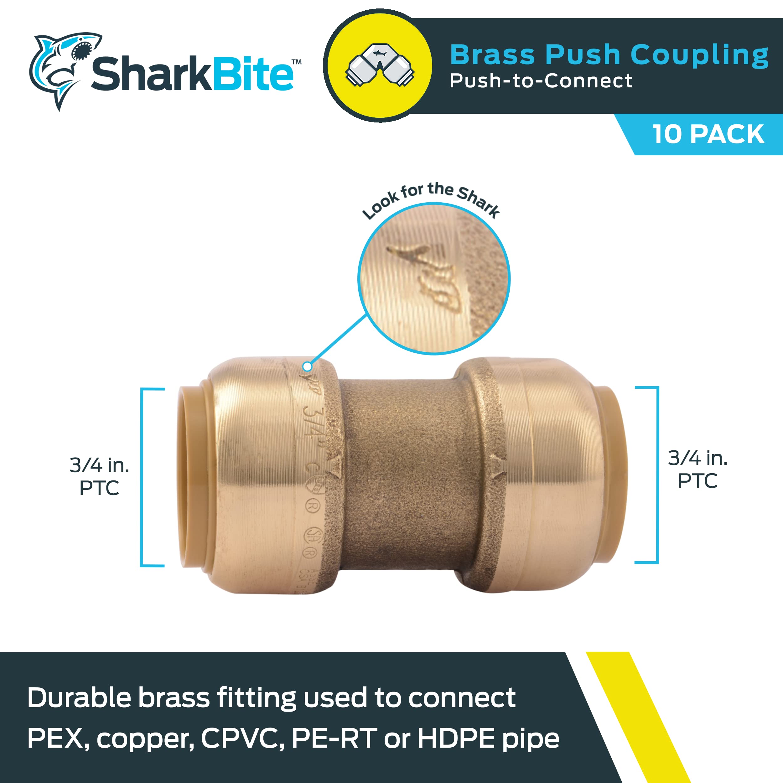 SharkBite 3/4 Inch Brass Push-to-Connect Coupling (10-Pack) - Universal Plumbing Fitting for PEX, Copper, CPVC, PE-RT & HDPE Pipes - Perfect for DIY Plumbing Repairs, Water Supply Lines & Pipe Connections