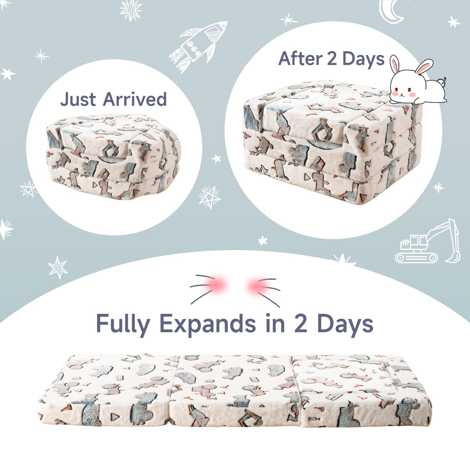 MAXYOYO 2-in-1 Toddler Couch & Kids Folding Sofa - Glow in The Dark Children's Furniture with White Car Design - Perfect Gift for Boys & Girls - Ideal for Playroom, Bedroom or Nursery Decor