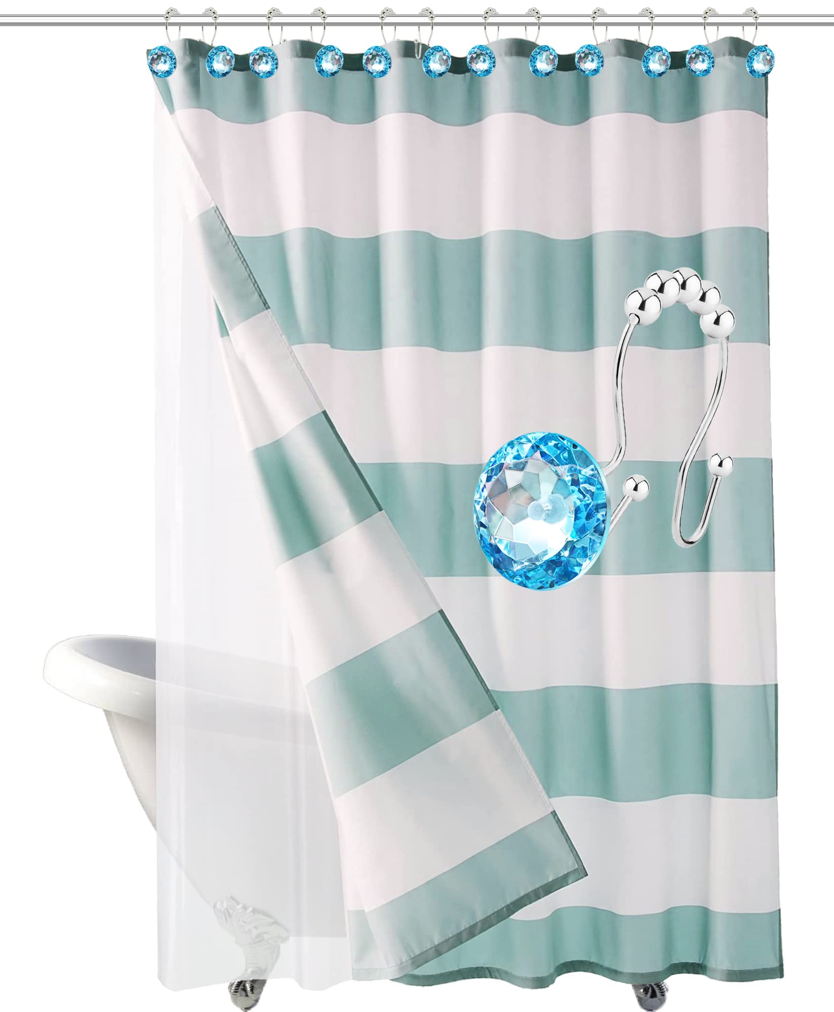 12PCS Crystal Rhinestone Shower Curtain Hooks - Anti-Rust Double Hooks for Bathroom, Shower Curtains, Towels & Clothing (Aqua Blue) - Elegant Bathroom Decor & Easy Glide Hangers for Stylish Home Upgrade