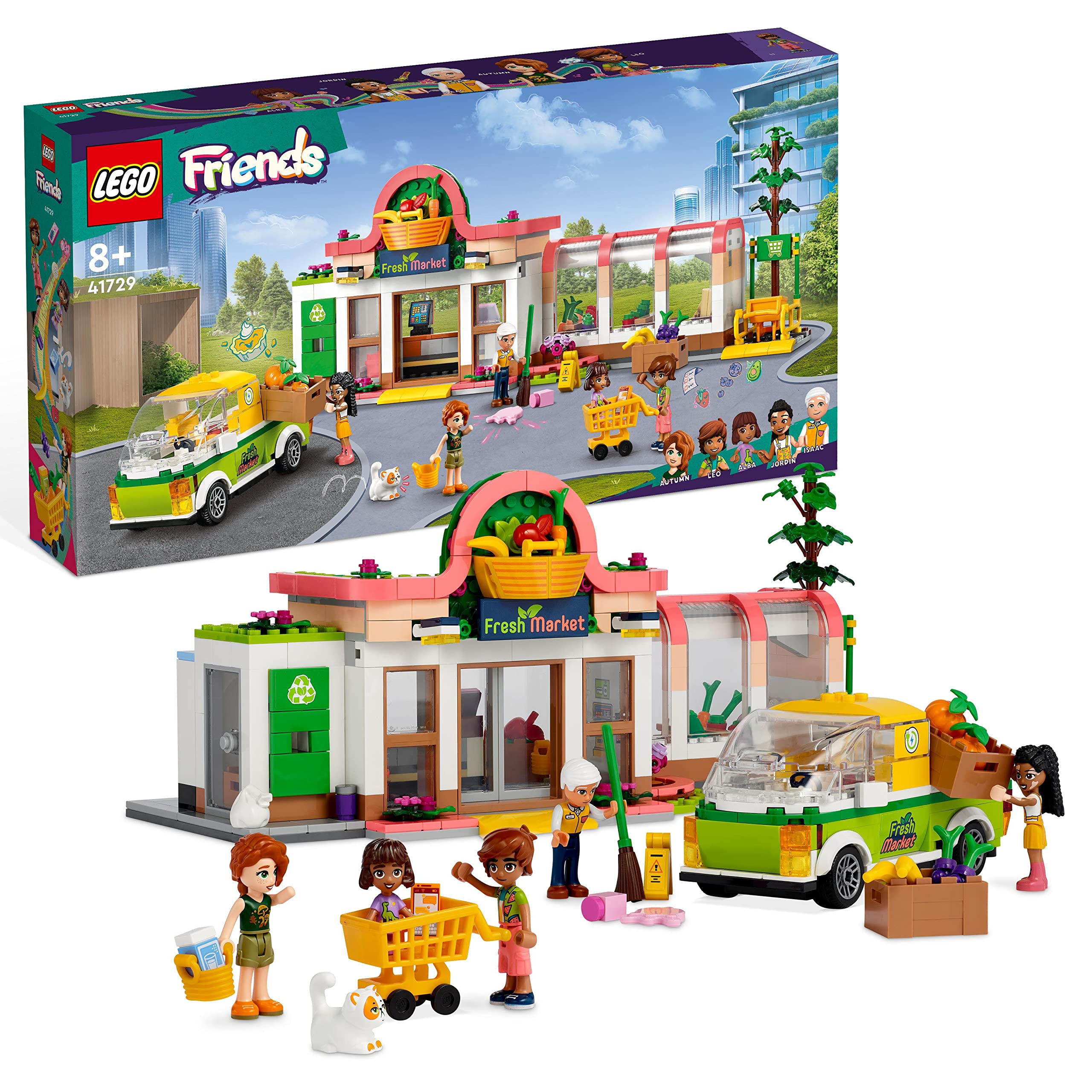 LEGO 41729 Friends Organic Supermarket Toy Set with Shopping Carts & Truck, 4 Mini Dolls & Characters for Kids Ages 8+ (2023 Edition) – Perfect for Pretend Play, Birthday Gifts & Creative Building Fun