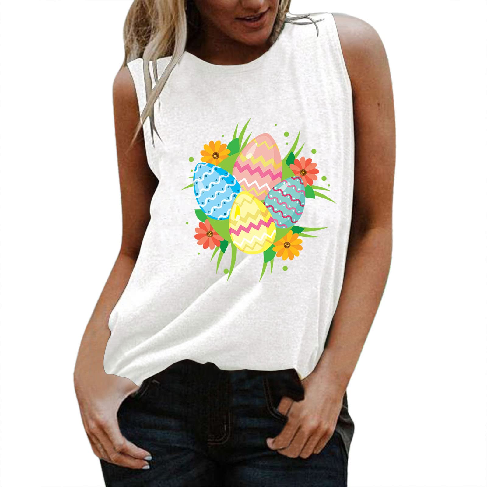 Women's Cute Printed Sleeveless V-Neck Tank Tops - Athletic Workout Running Shirts for Casual Wear & Easter Outfits | Gym, Yoga, Beach & Summer Activities