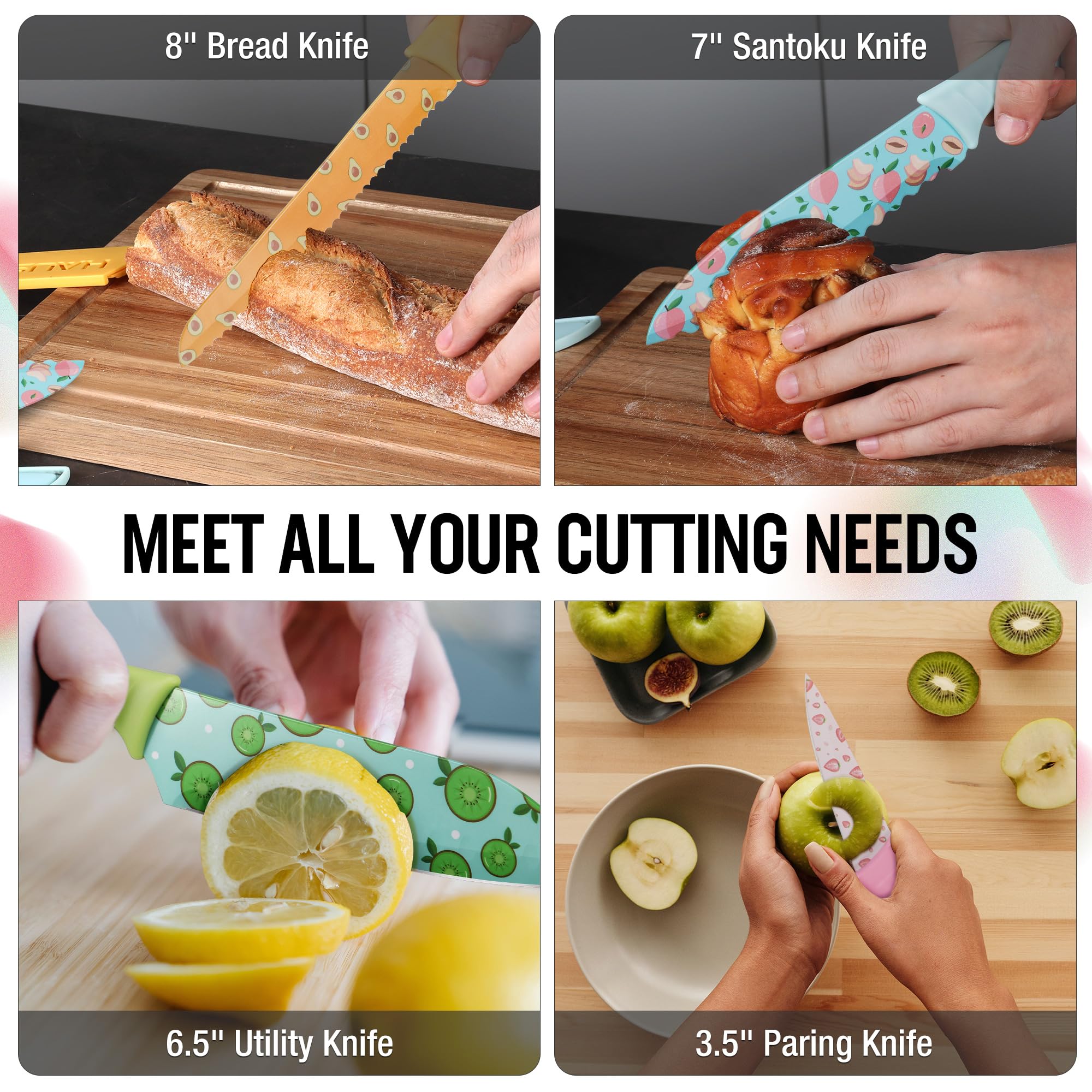 HAUSHOF 12-Piece Colorful Kitchen Knife Set with 6 Sheaths - Non-Stick Coated Stainless Steel Fruit Pattern Blades for Slicing, Dicing & Cutting - Perfect Gift for Dad & Mom - Ideal for Home Cooking, Meal Prep & Fruit Carving