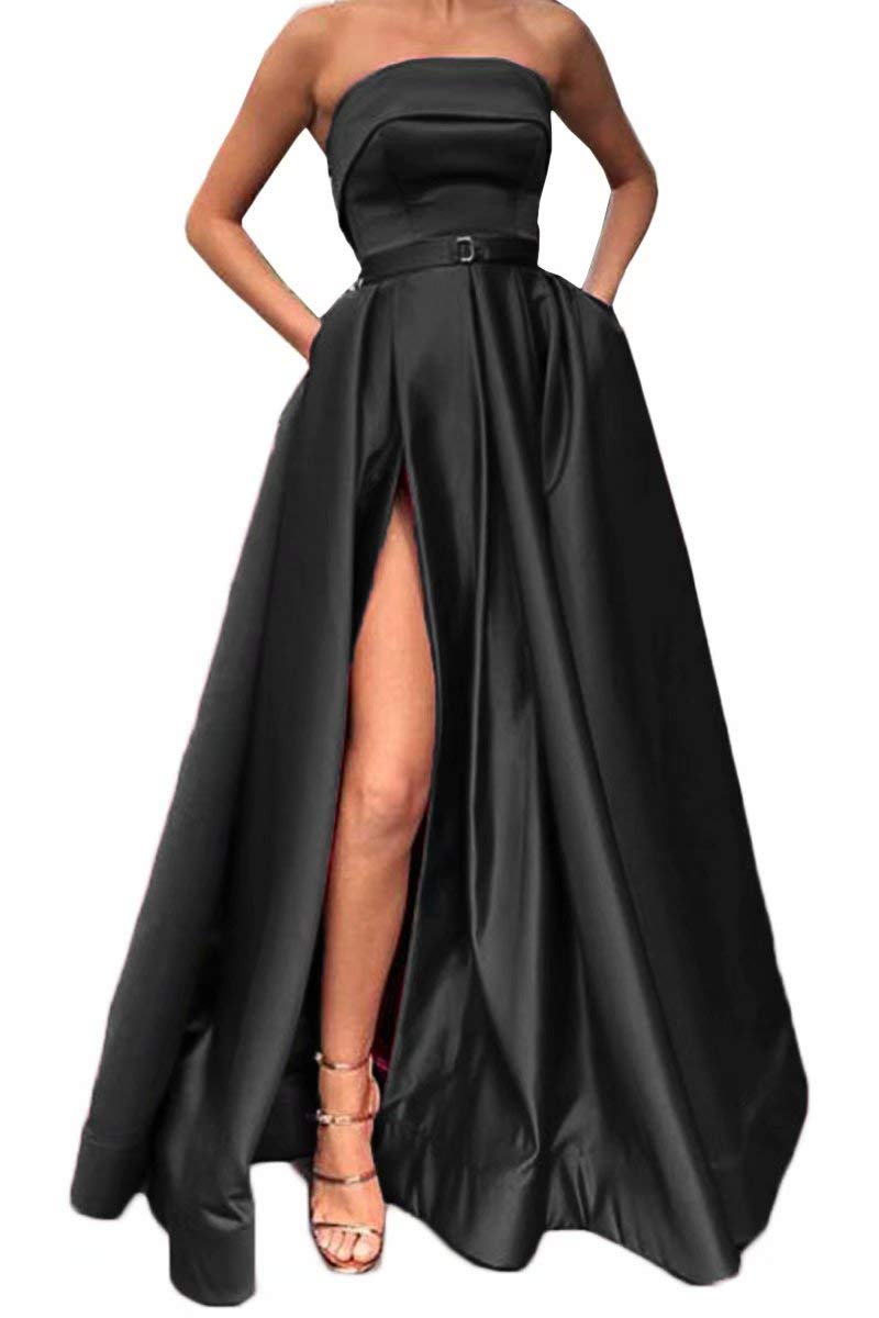 XSWPL Women's Sexy High Slit Prom Dress with Pockets - Elegant Satin Long Formal Evening Gown for Homecoming, Wedding Guest & Cocktail Party