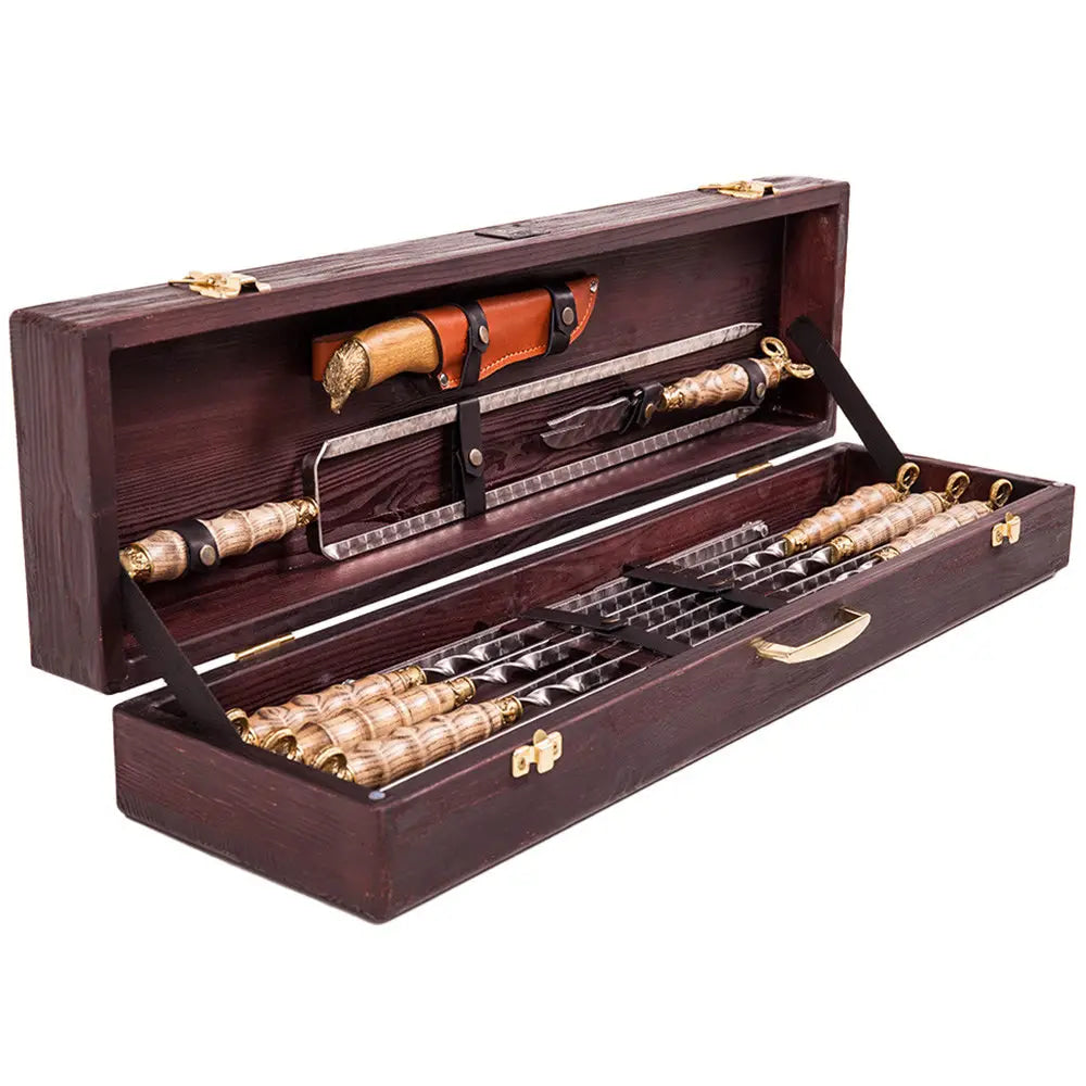 Premium Argali BBQ Skewers Set - 11-Piece Stainless Steel Grilling Accessories in Elegant Wooden Case | Perfect for Backyard Barbecues, Camping & Outdoor Cooking