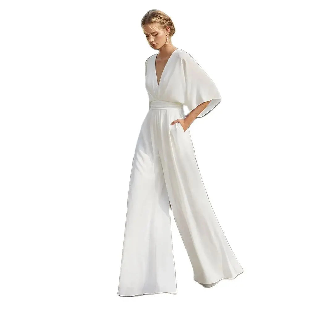 White V-Neck Jumpsuit Wedding Dress | Boho Bridal Pantsuit for Beach Weddings | Elegant Bridal Outfit for Destination Ceremonies & Photoshoots